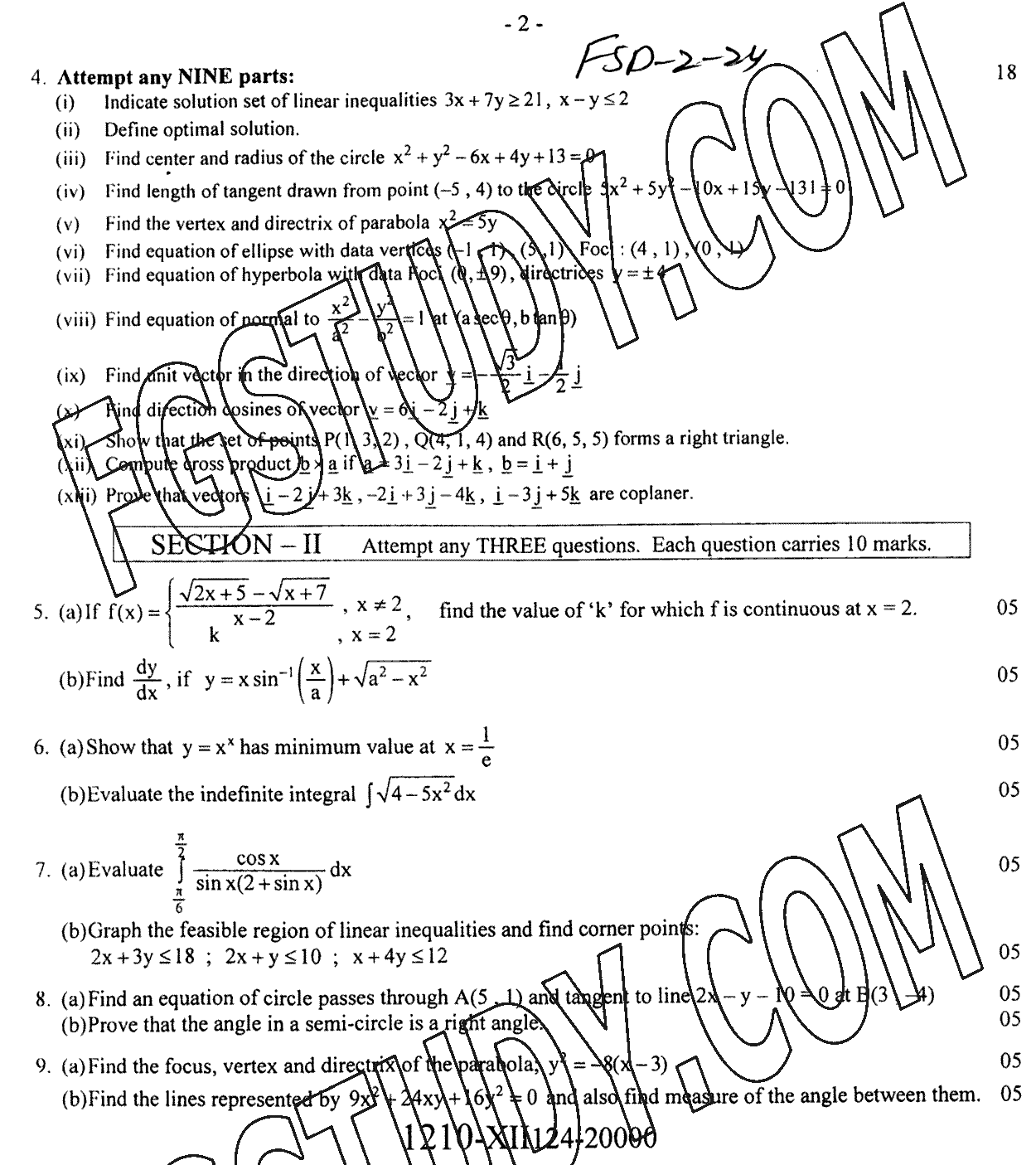 12th Class Mathematics Past Paper 2024 Faisalabad Board Group 2 Subjective