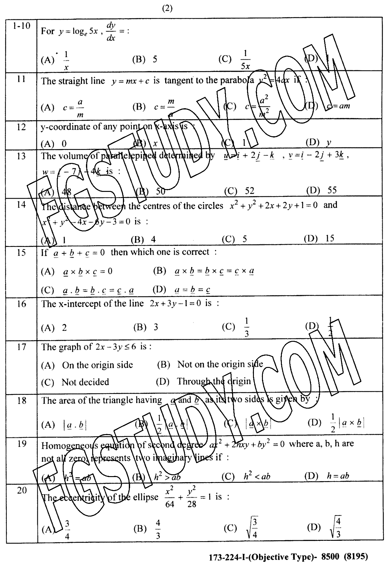 12th Class Mathematics Past Paper 2024 Lahore Board Group 1 Objective