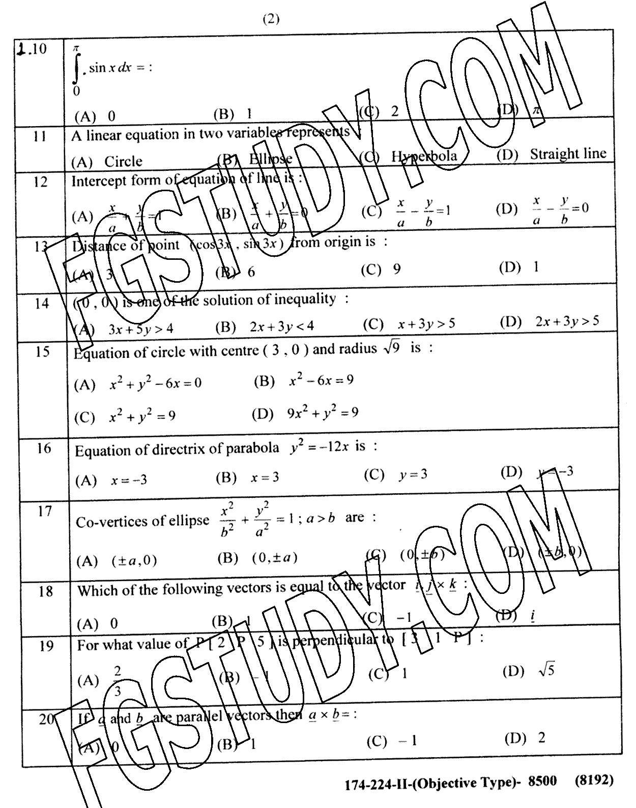12th Class Mathematics Past Paper 2024 Lahore Board Group 2 Objective