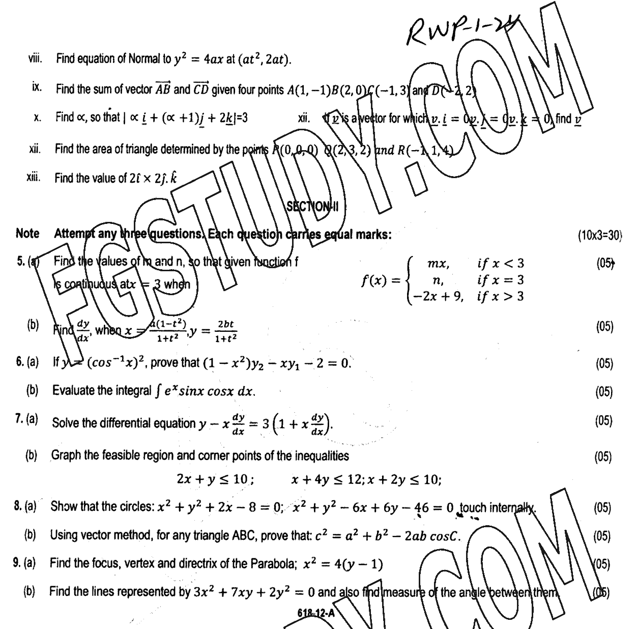 12th Class Mathematics Past Paper 2024 Rawalpindi Board Group 1 Subjective