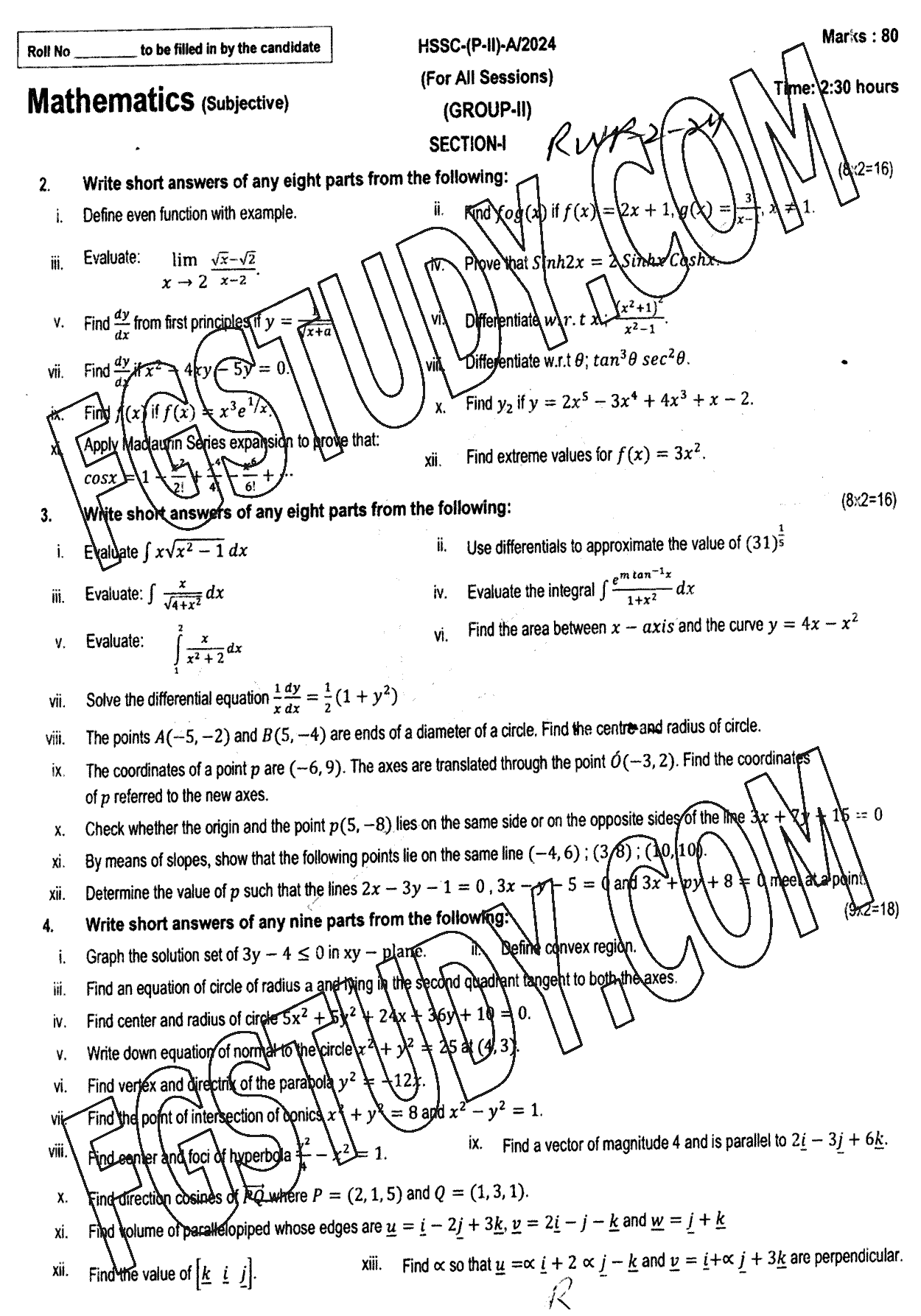 12th Class Mathematics Past Paper 2024 Rawalpindi Board Group 2 Subjective