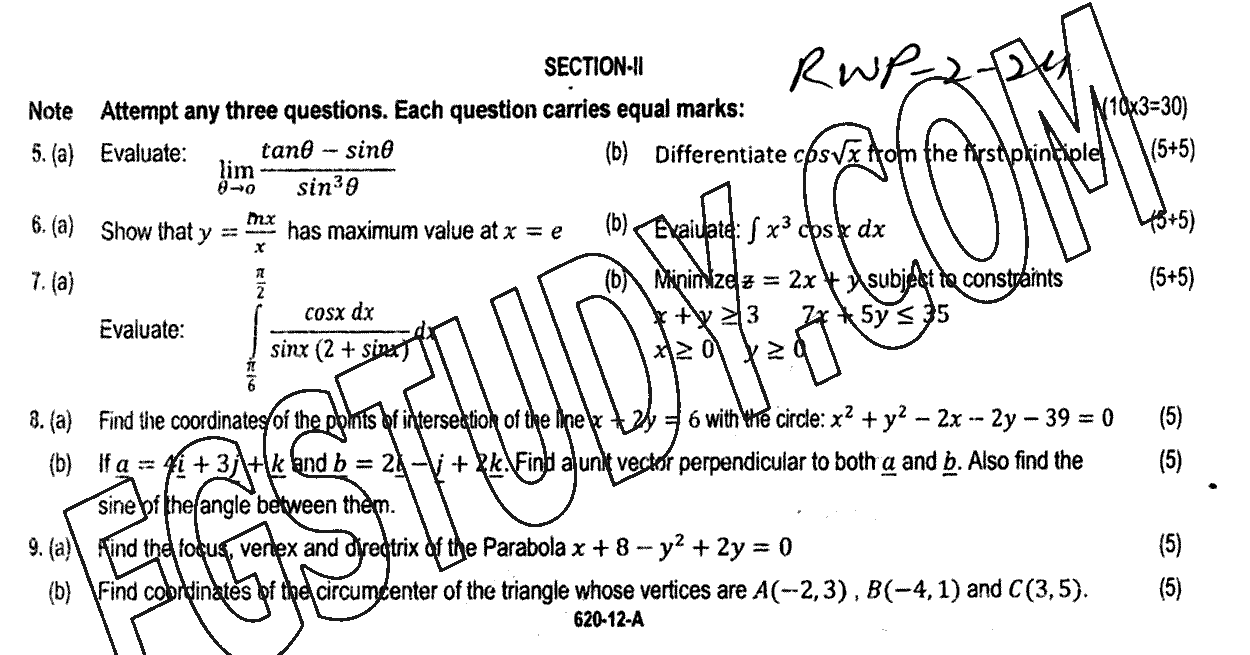 12th Class Mathematics Past Paper 2024 Rawalpindi Board Group 2 Subjective