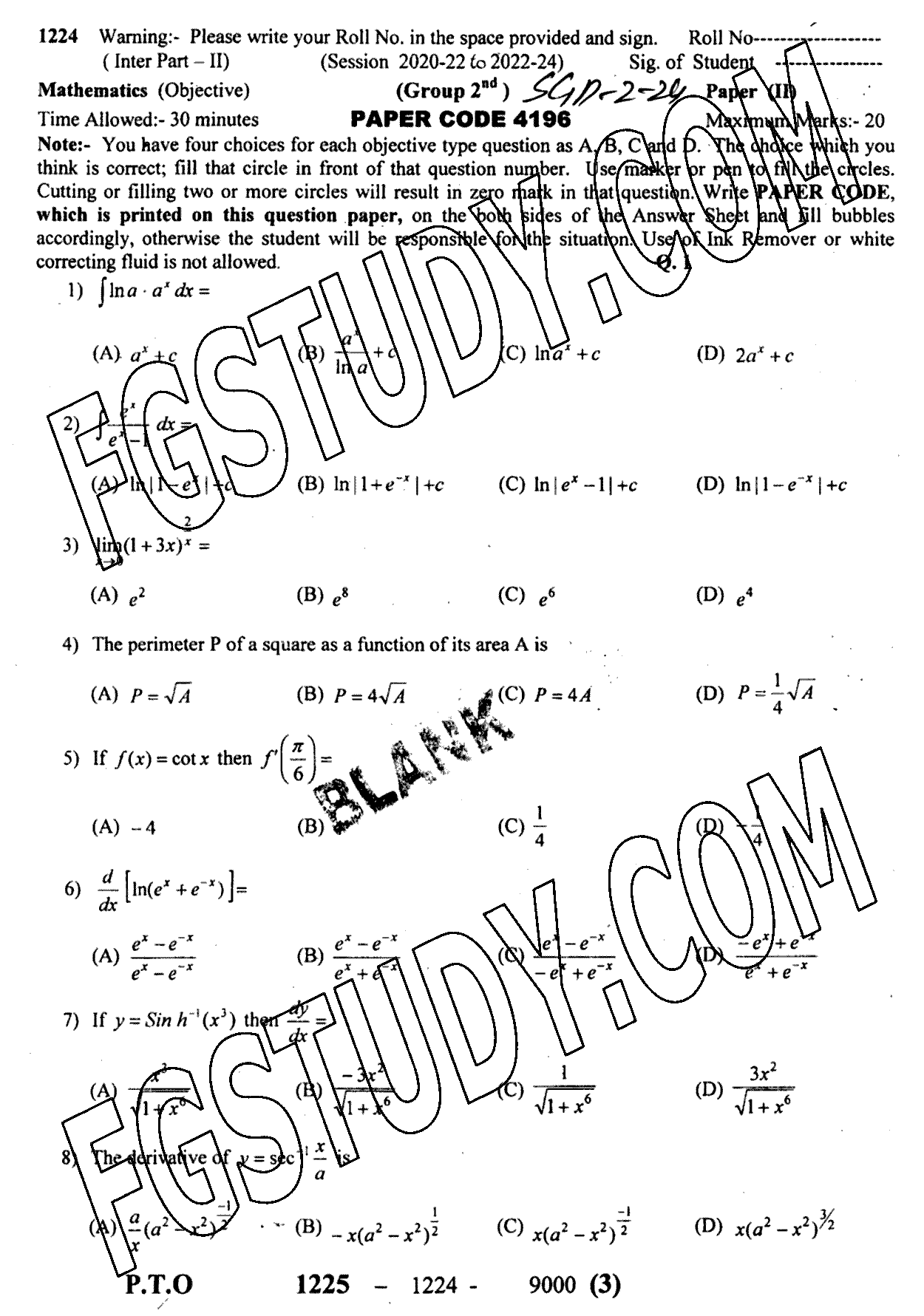 12th Class Mathematics Past Paper 2024 Sargodha Board Group 2 Objective