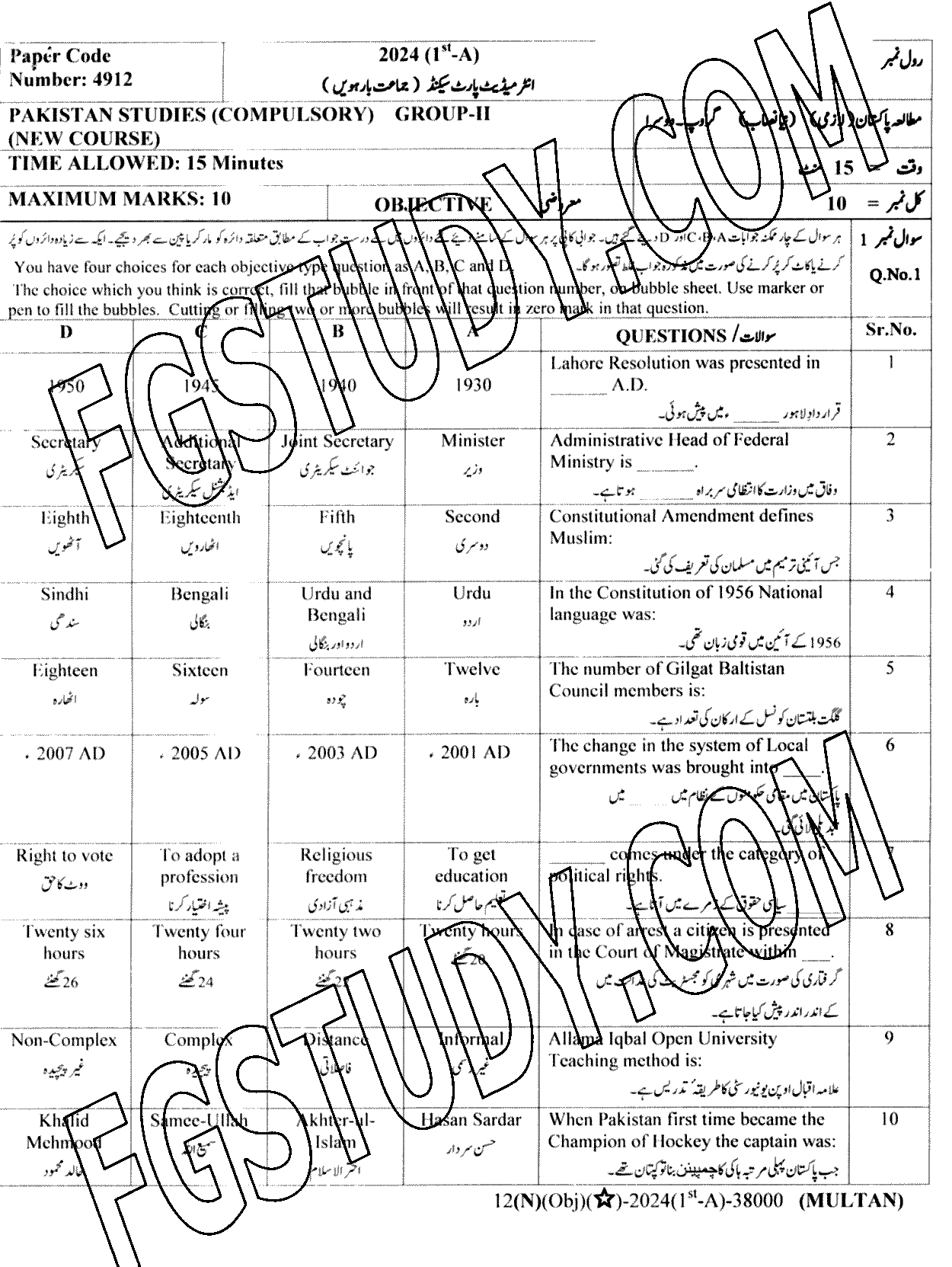 12th Class Pakistan Studies Past Paper 2024 Multan Board Group B Objective