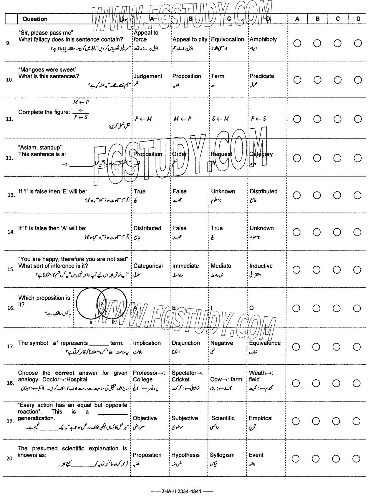 12th Class Philosophy Past Paper 2023 Federal Board Islamabad Objective