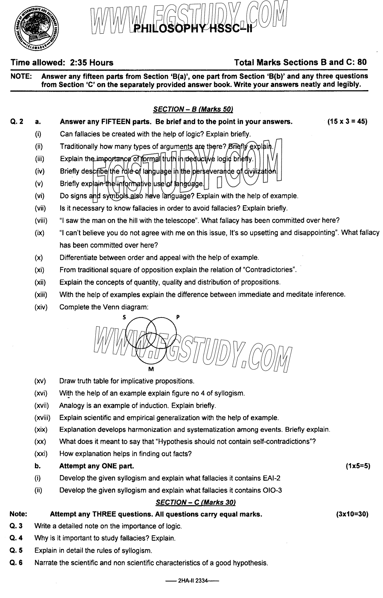 12th Class Philosophy Past Paper 2023 Federal Board Islamabad Subjective