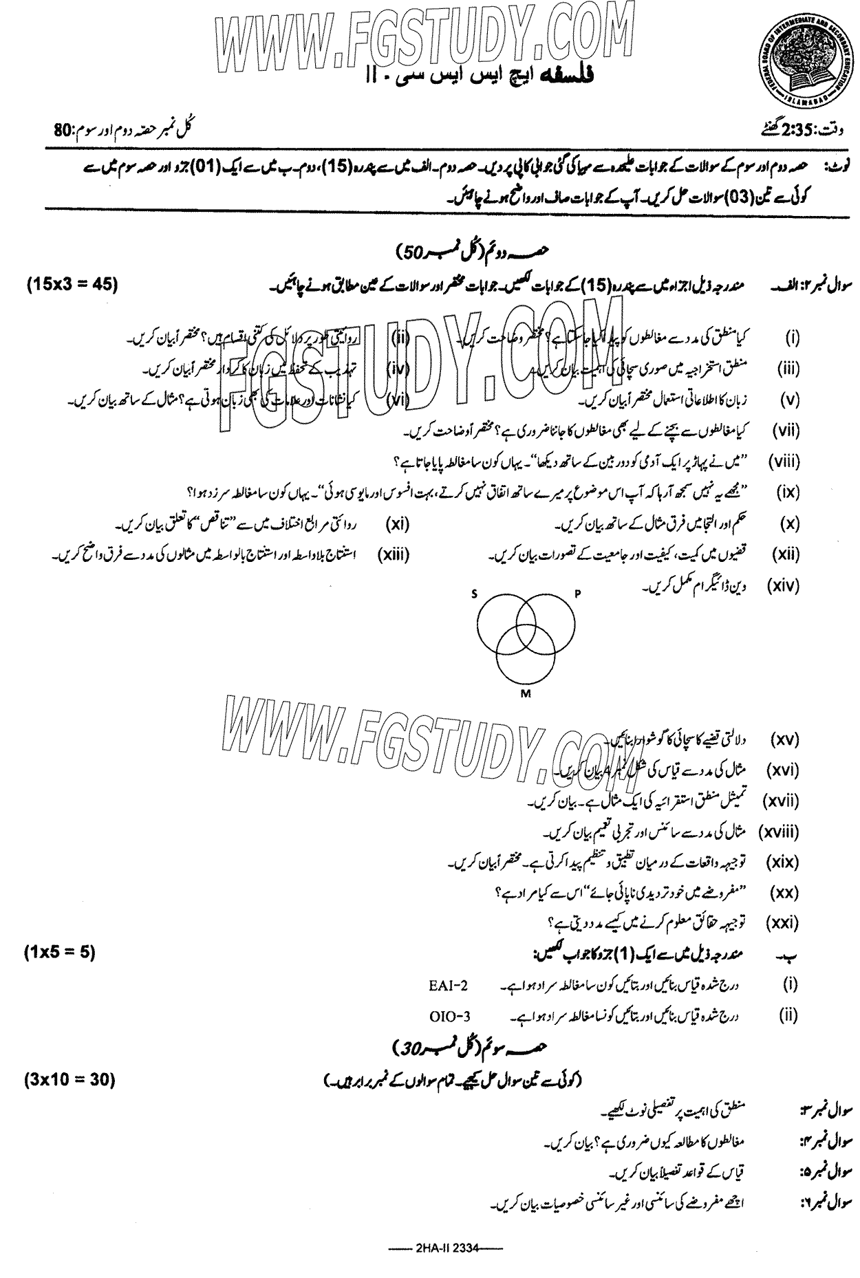 12th Class Philosophy Past Paper 2023 Federal Board Islamabad Subjective