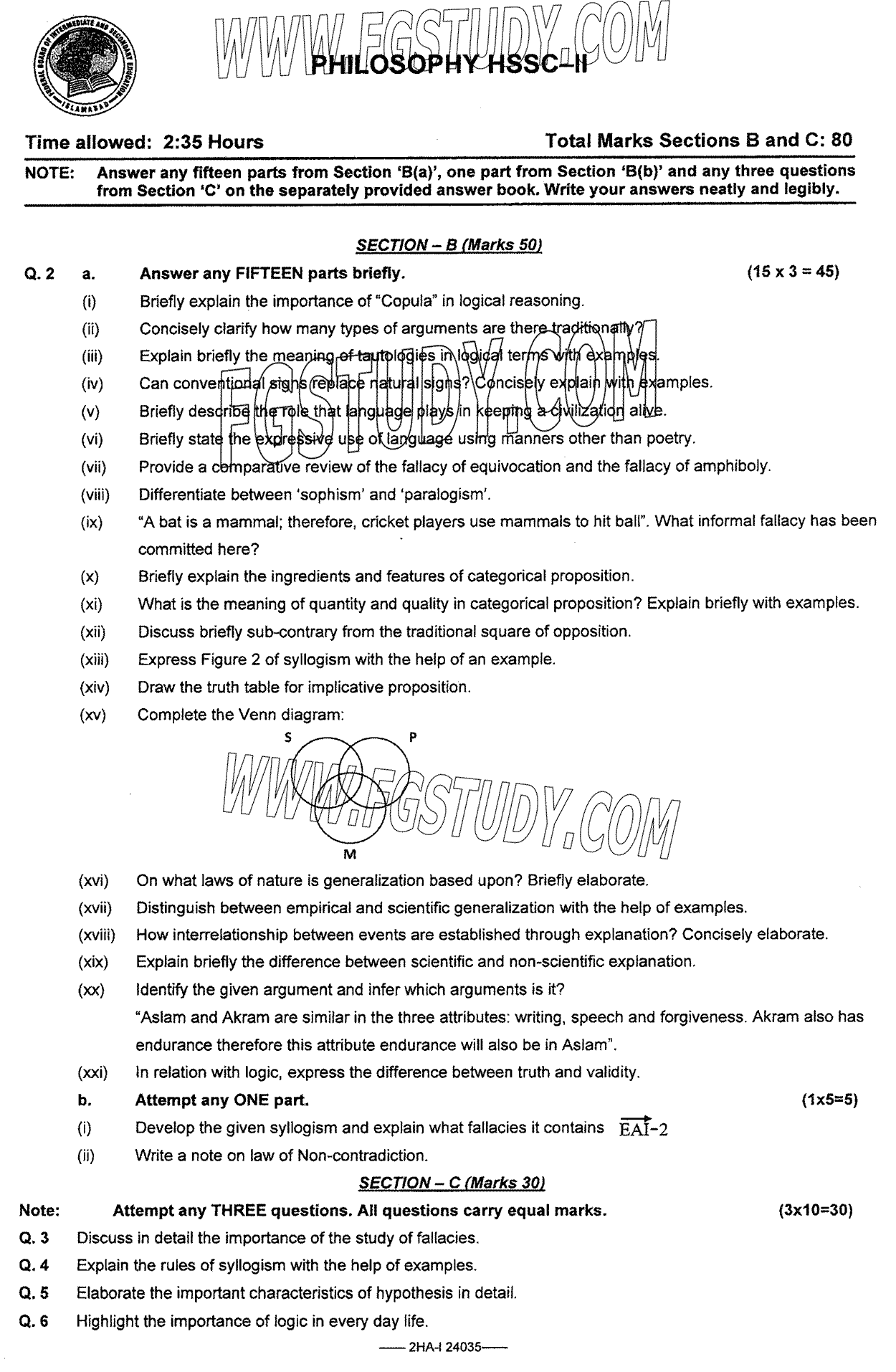 12th Class Philosophy Past Paper 2024 Federal Board Islamabad Subjective