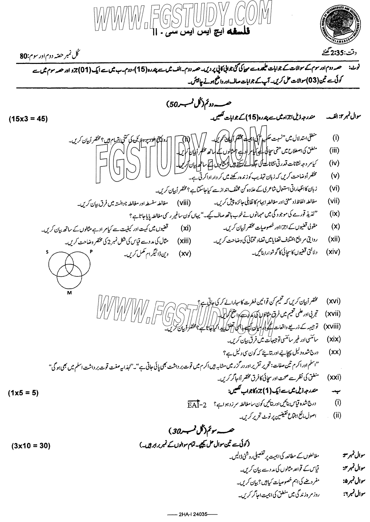 12th Class Philosophy Past Paper 2024 Federal Board Islamabad Subjective