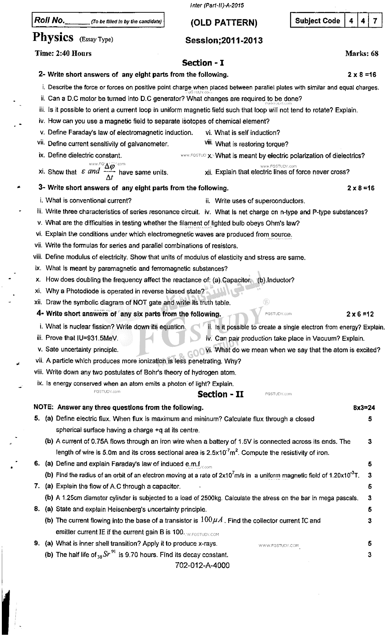 12th Class Physics Past Paper 2015 Rawalpindi Board Subjective