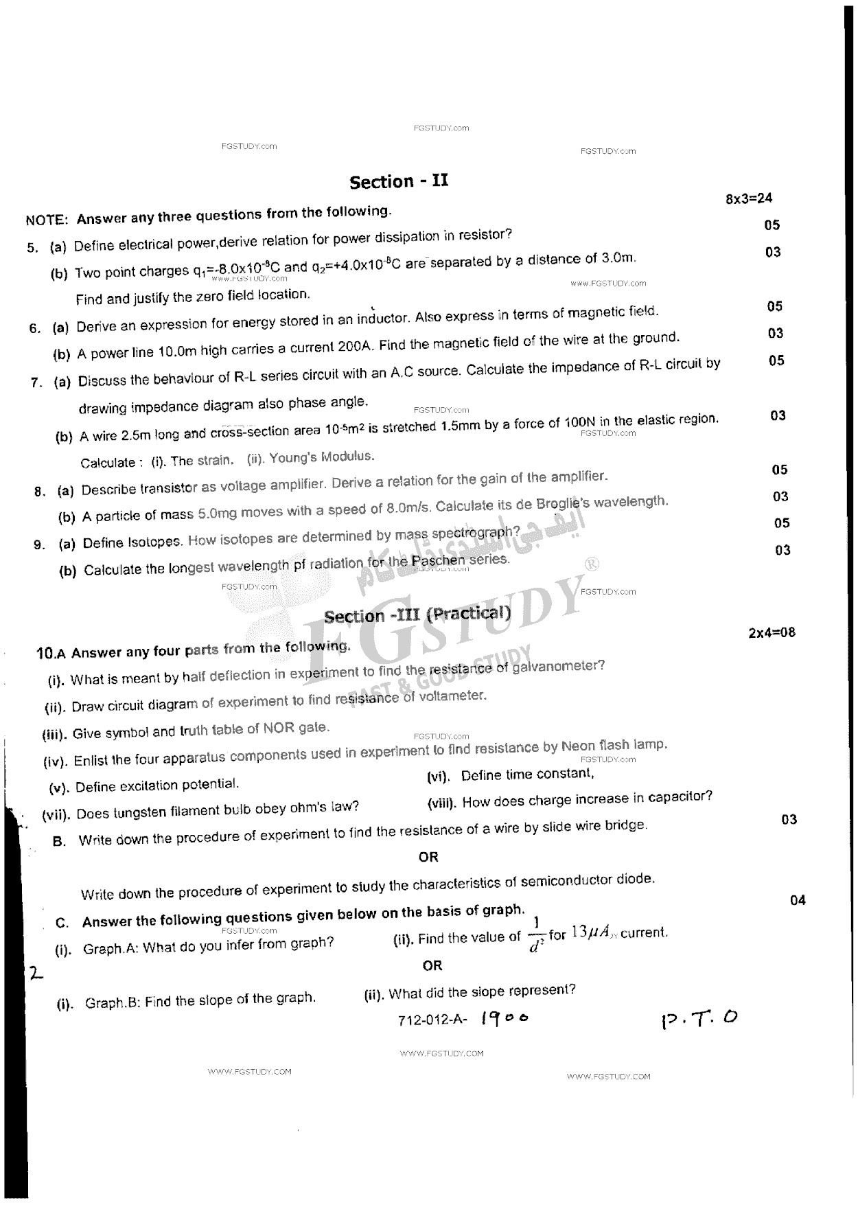 12th Class Physics Past Paper 2017 Rawalpindi Board Group 2 Subjective
