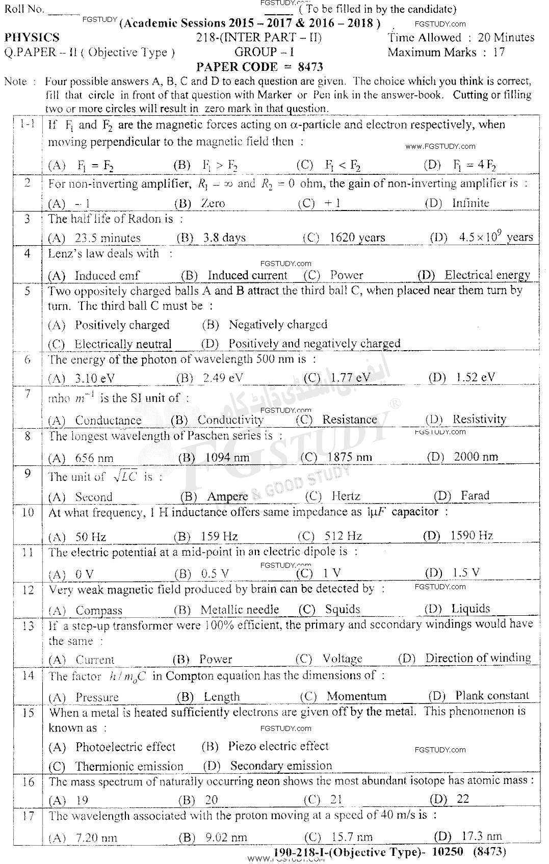 12th Class Physics Past Paper 2018 Lahore Board Group 1 Objective