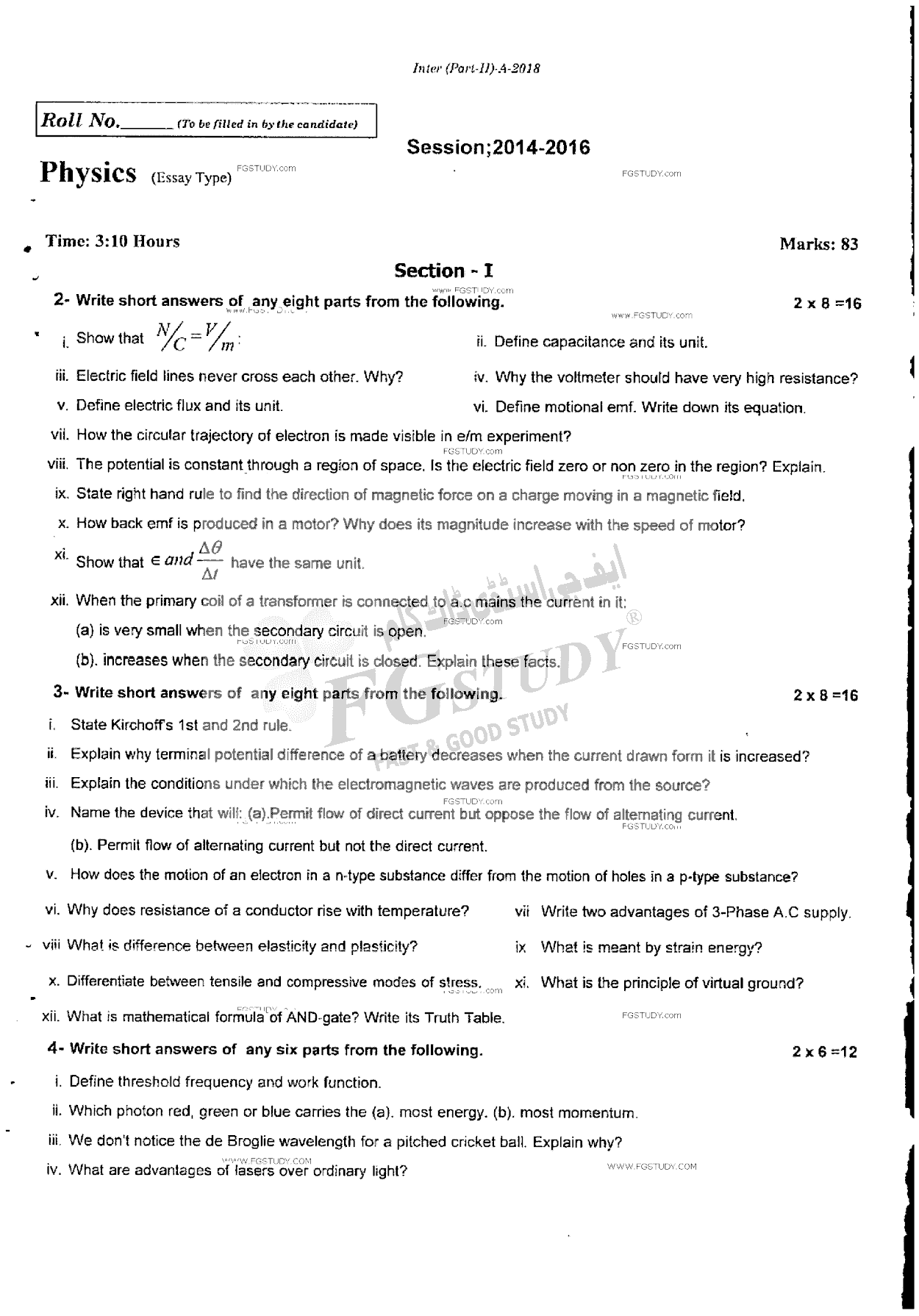 12th Class Physics Past Paper 2018 Rawalpindi Board Subjective