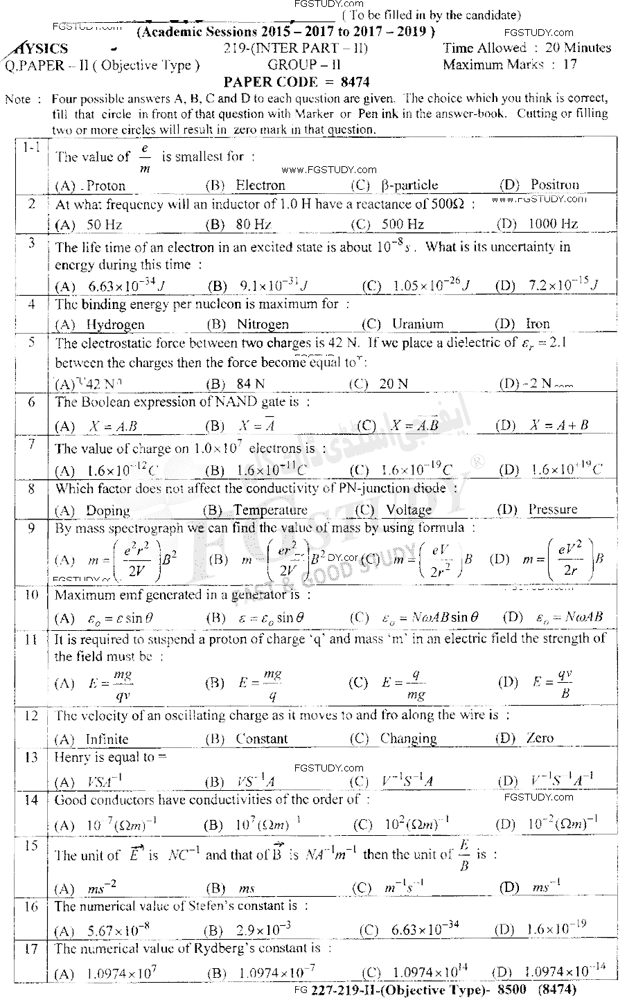 12th Class Physics Past Paper 2019 Lahore Board Group 2 Objective