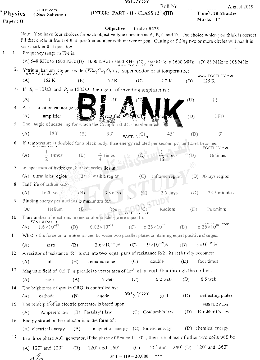 12th Class Physics Past Paper 2019 Sahiwal Board Objective