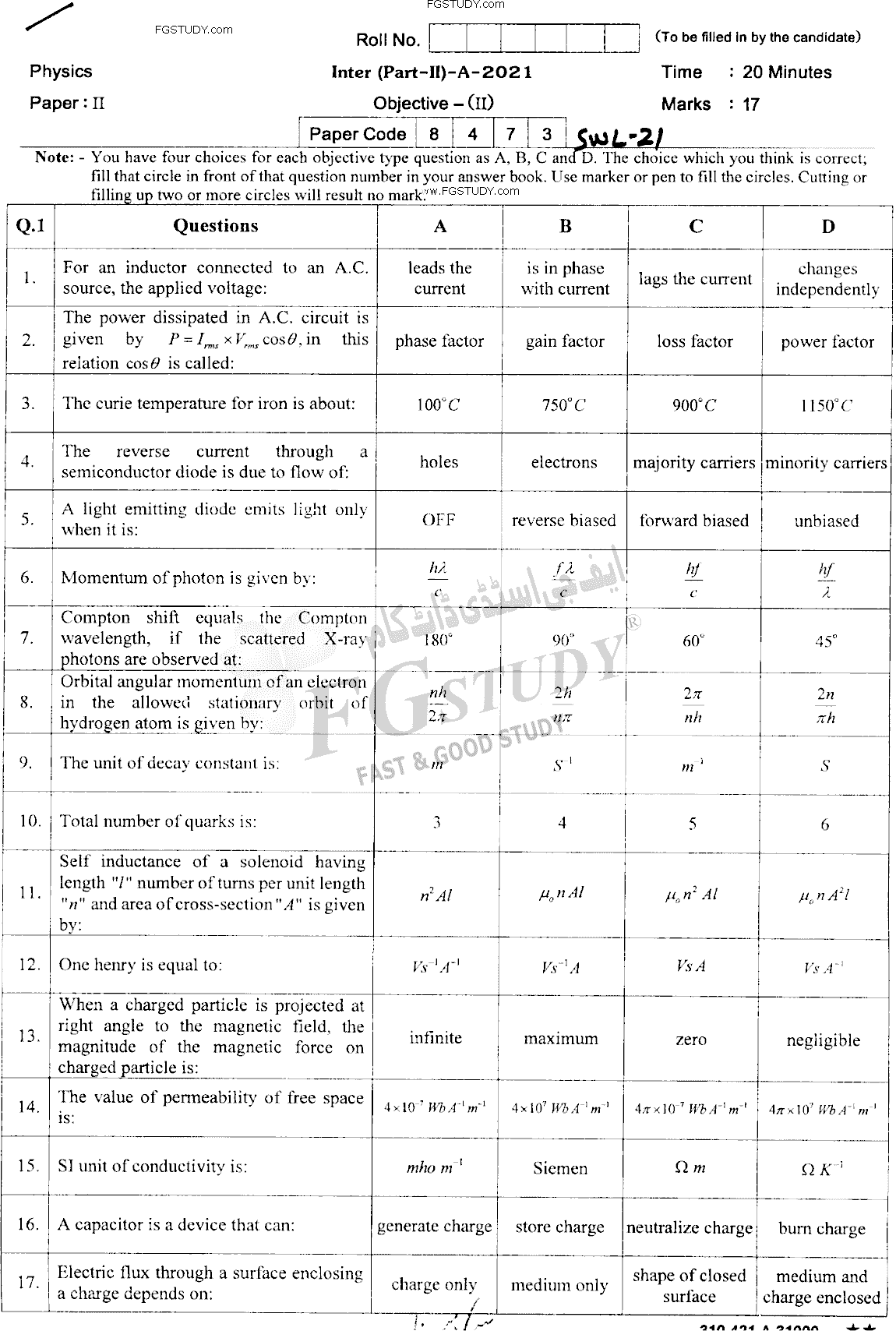 12th Class Physics Past Paper 2021 Sahiwal Board Objective