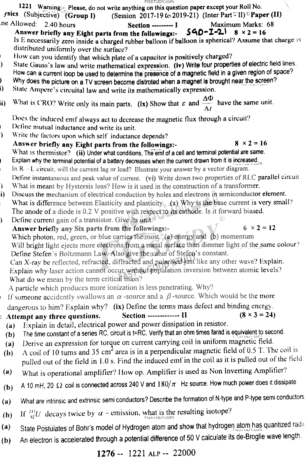 12th Class Physics Past Paper 2021 Sargodha Board Group 1 Subjective