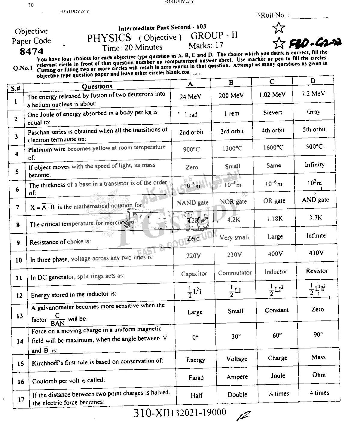 12th Class Physics Past Paper 2022 Faisalabad Board Group 2 Objective