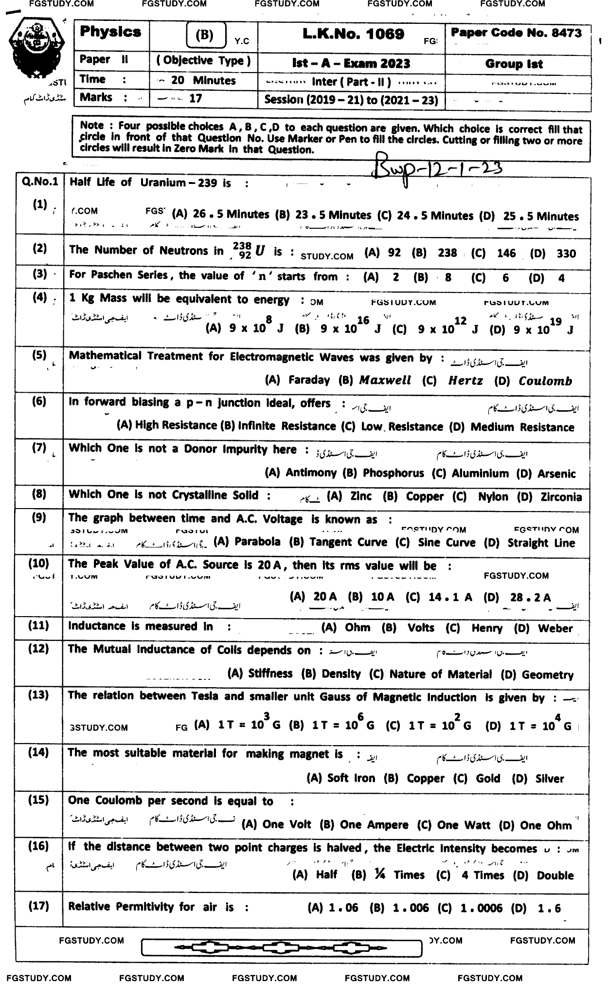 12th Class Physics Past Paper 2023 Bahawalpur Board Group 1 Objective