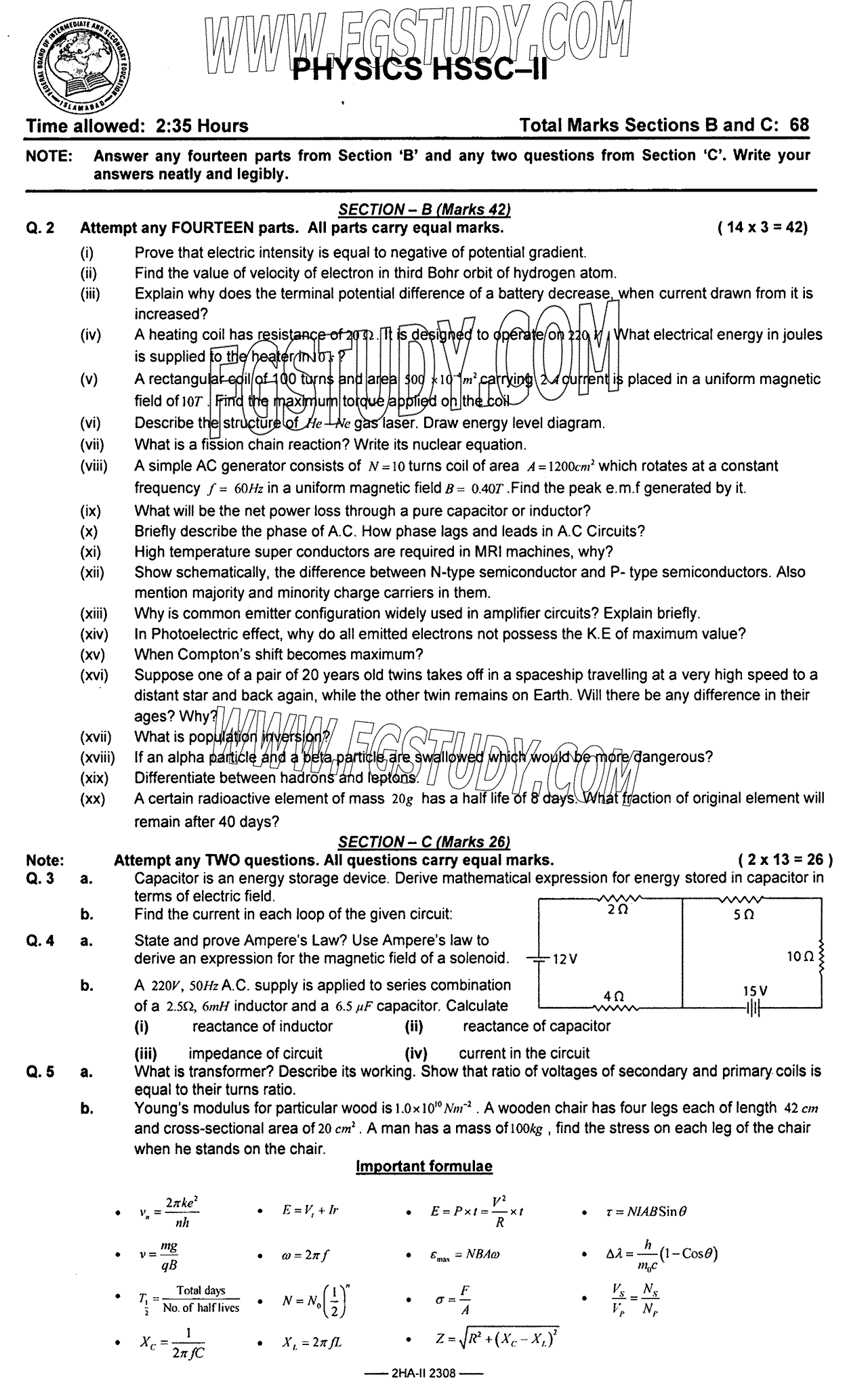 12th Class Physics Past Paper 2023 Federal Board Islamabad Subjective