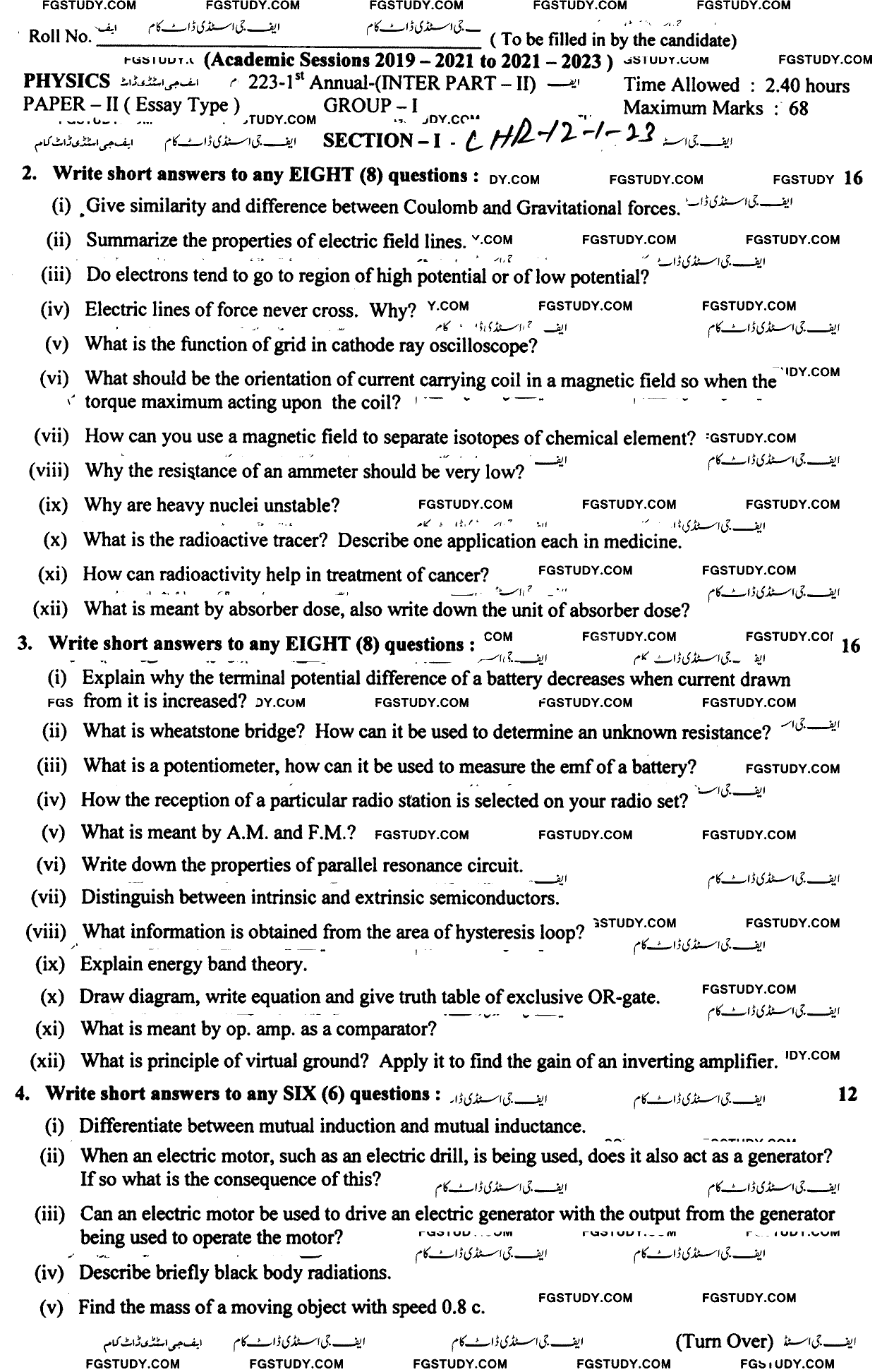 12th Class Physics Past Paper 2023 Lahore Board Group 1 Subjective