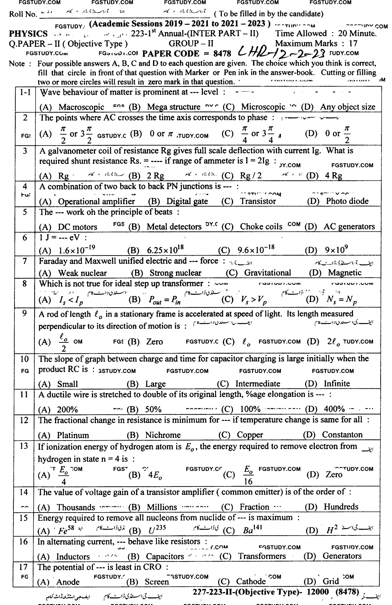 12th Class Physics Past Paper 2023 Lahore Board Group 2 Objective