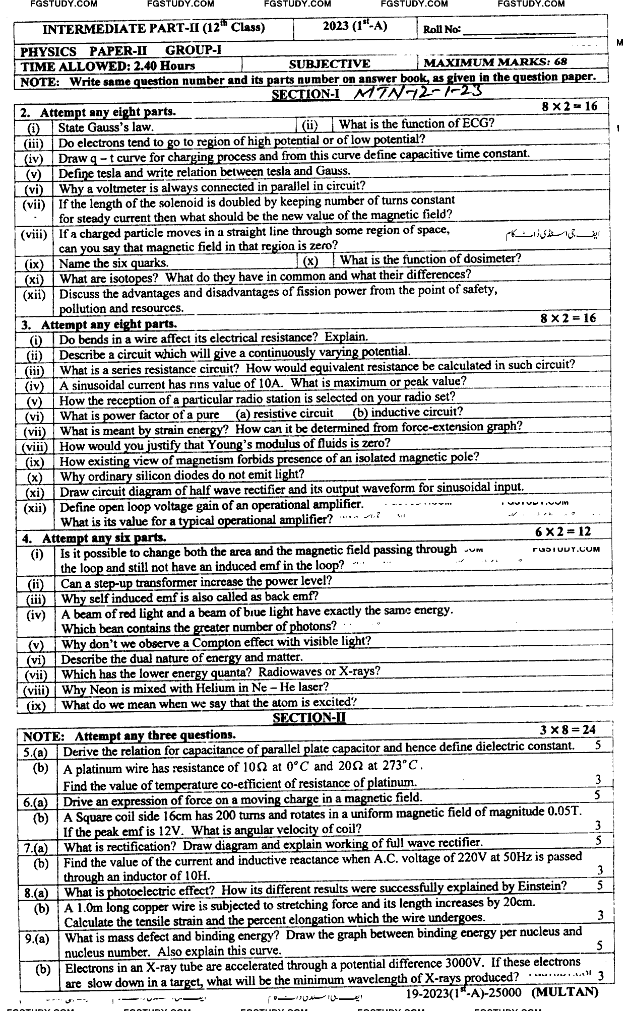 12th Class Physics Past Paper 2023 Multan Board Group 1 Subjective