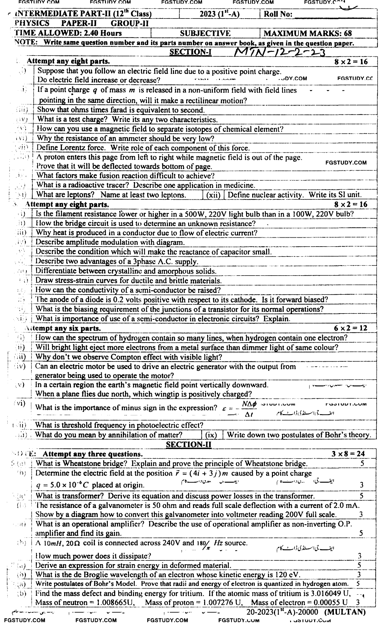 12th Class Physics Past Paper 2023 Multan Board Group 2 Subjective