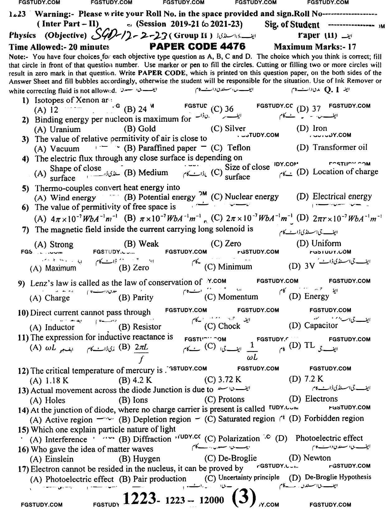 12th Class Physics Past Paper 2023 Sargodha Board Group 2 Objective