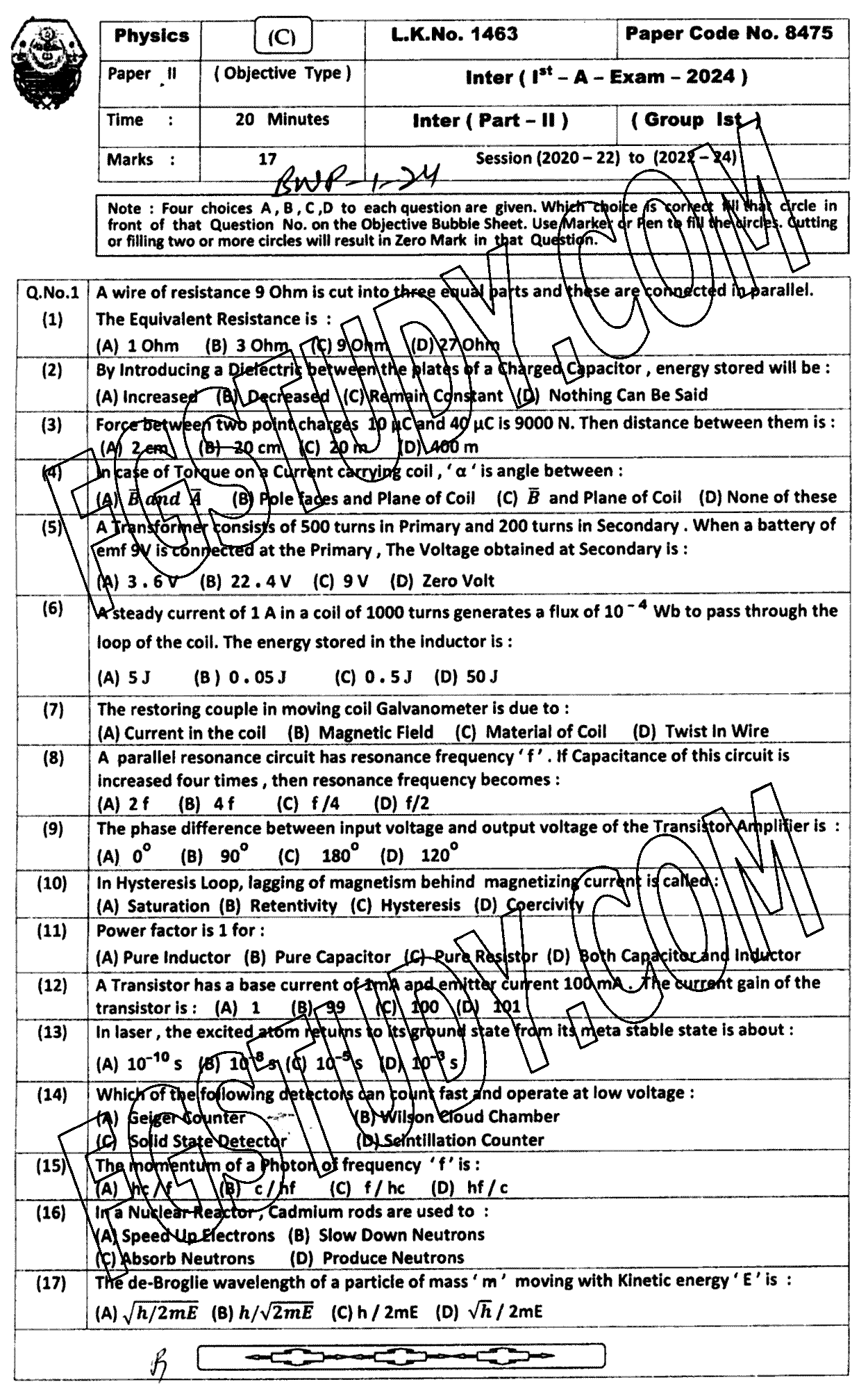 12th Class Physics Past Paper 2024 Bahawalpur Board Group 1 Objective