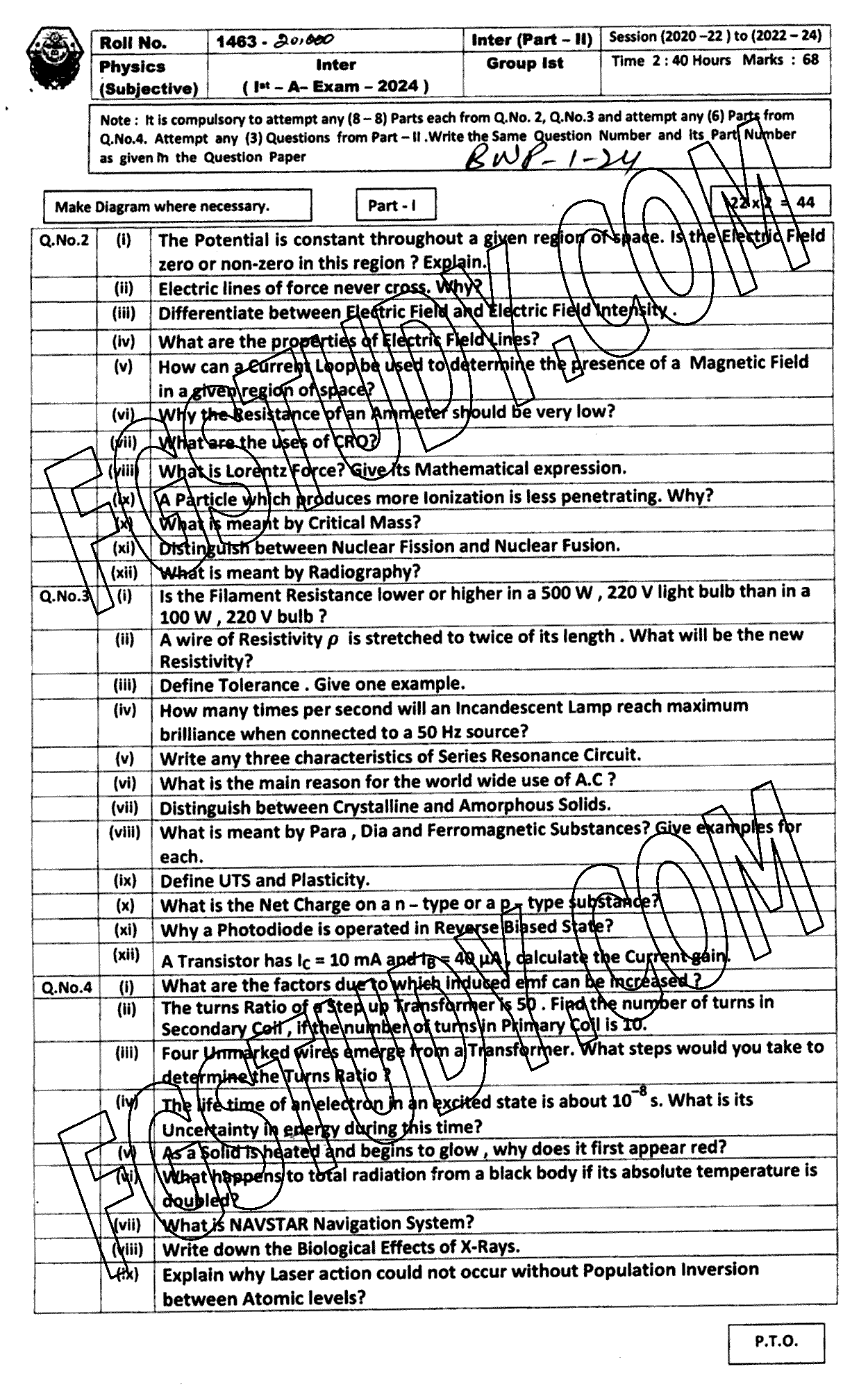 12th Class Physics Past Paper 2024 Bahawalpur Board Group 1 Subjective