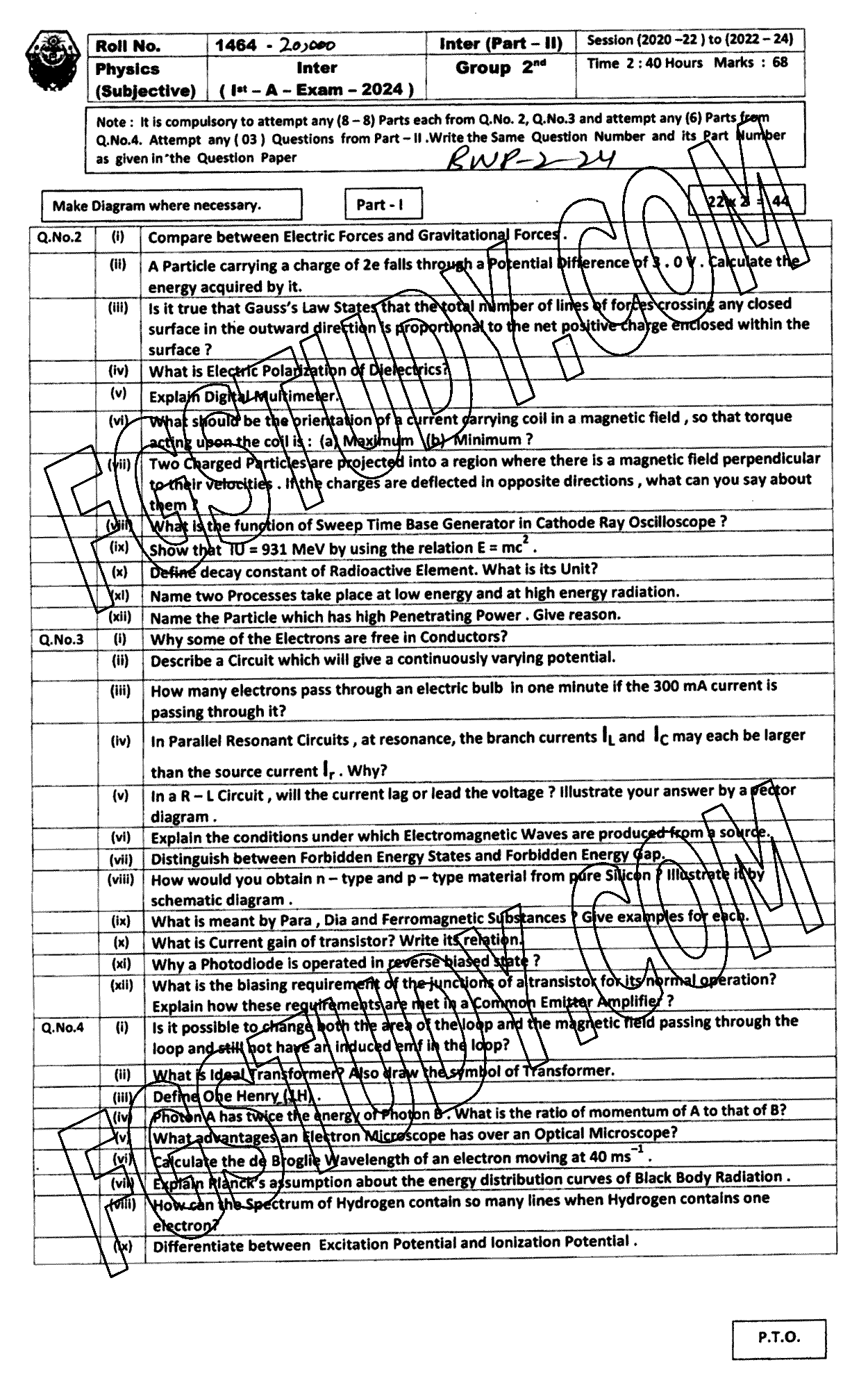 12th Class Physics Past Paper 2024 Bahawalpur Board Group 2 Subjective