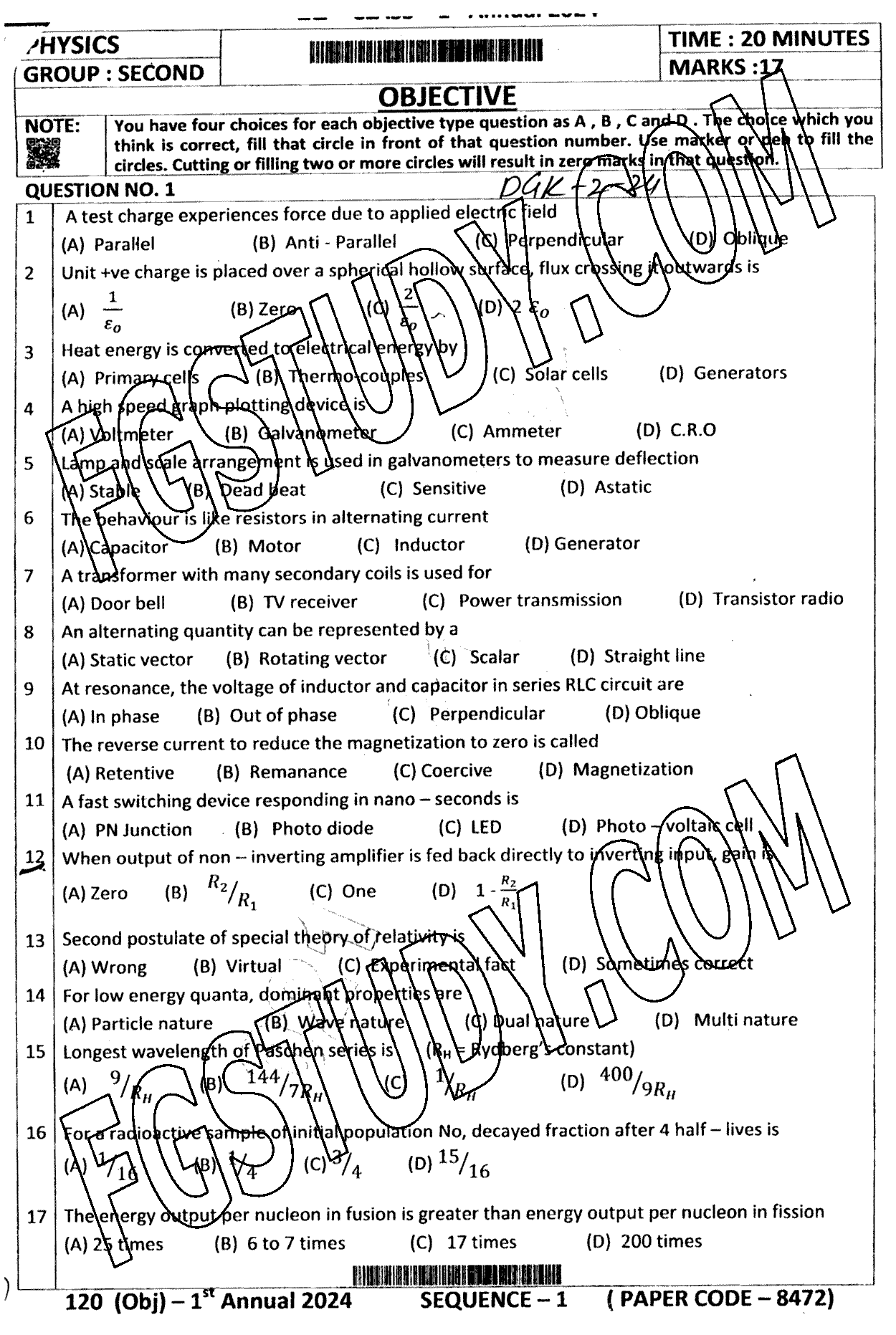 12th Class Physics Past Paper 2024 Dg Khan Board Group 2 Objective
