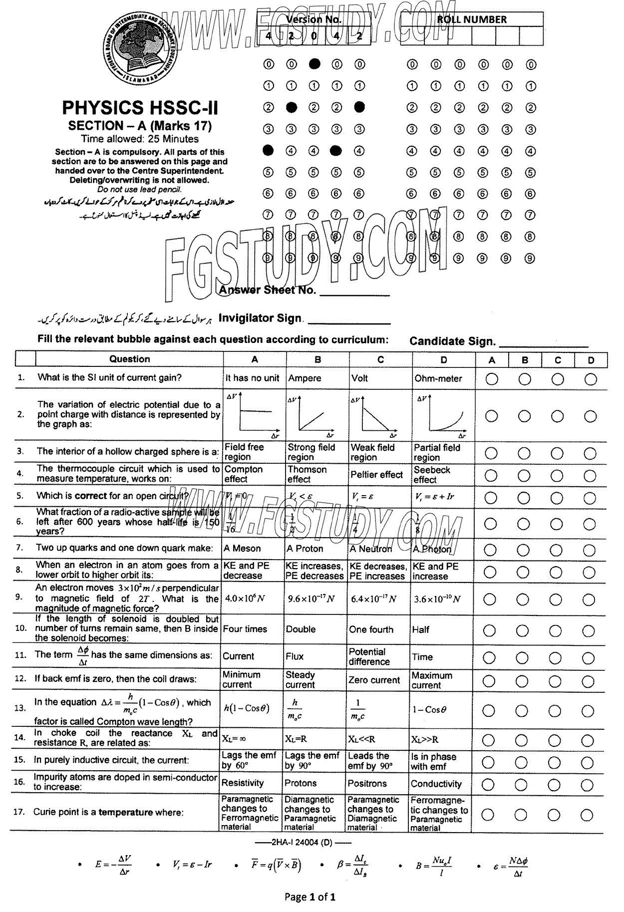 12th Class Physics Past Paper 2024 Federal Board Islamabad Group 2 Objective