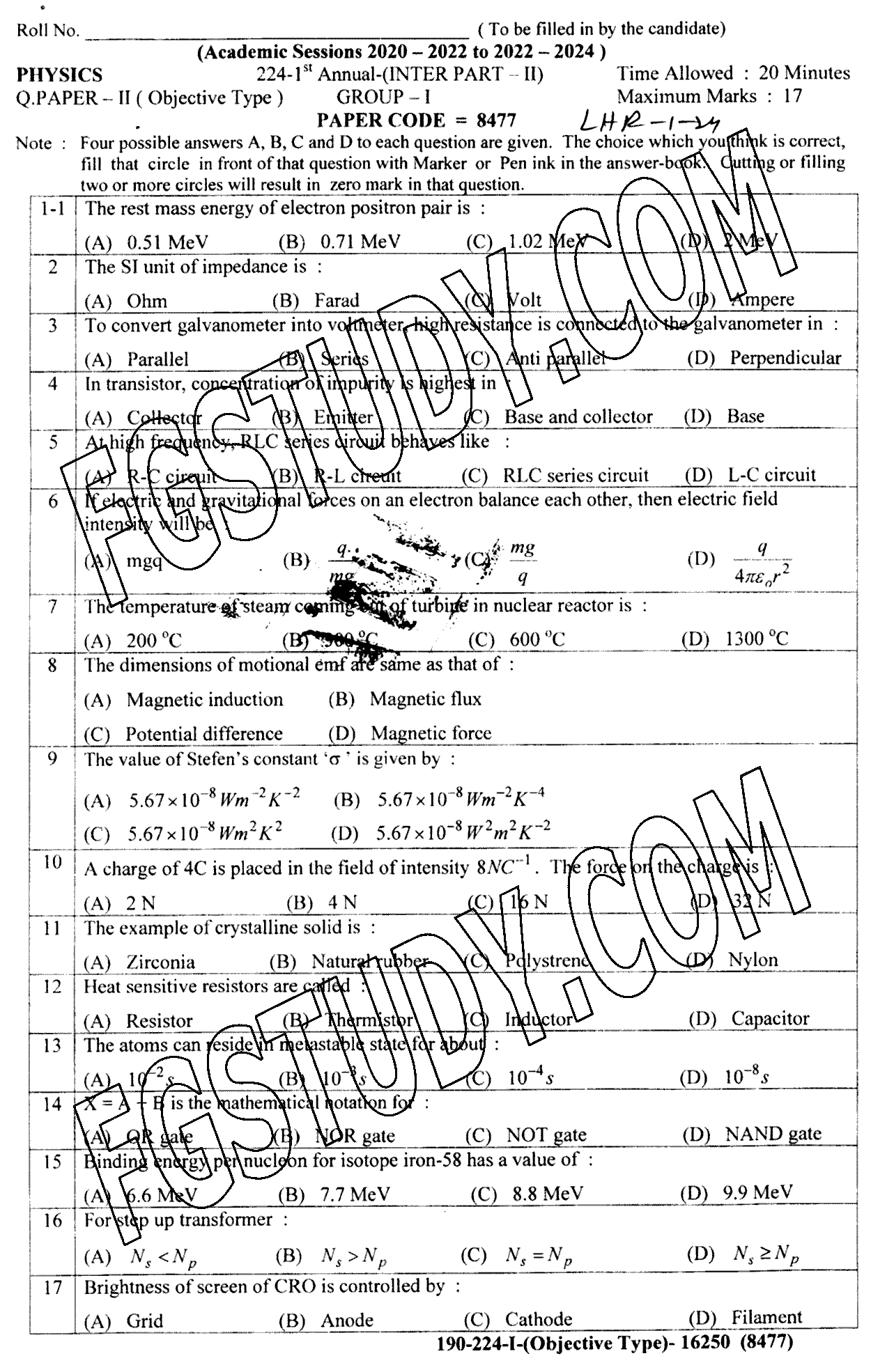 12th Class Physics Past Paper 2024 Lahore Board Group 1 Objective