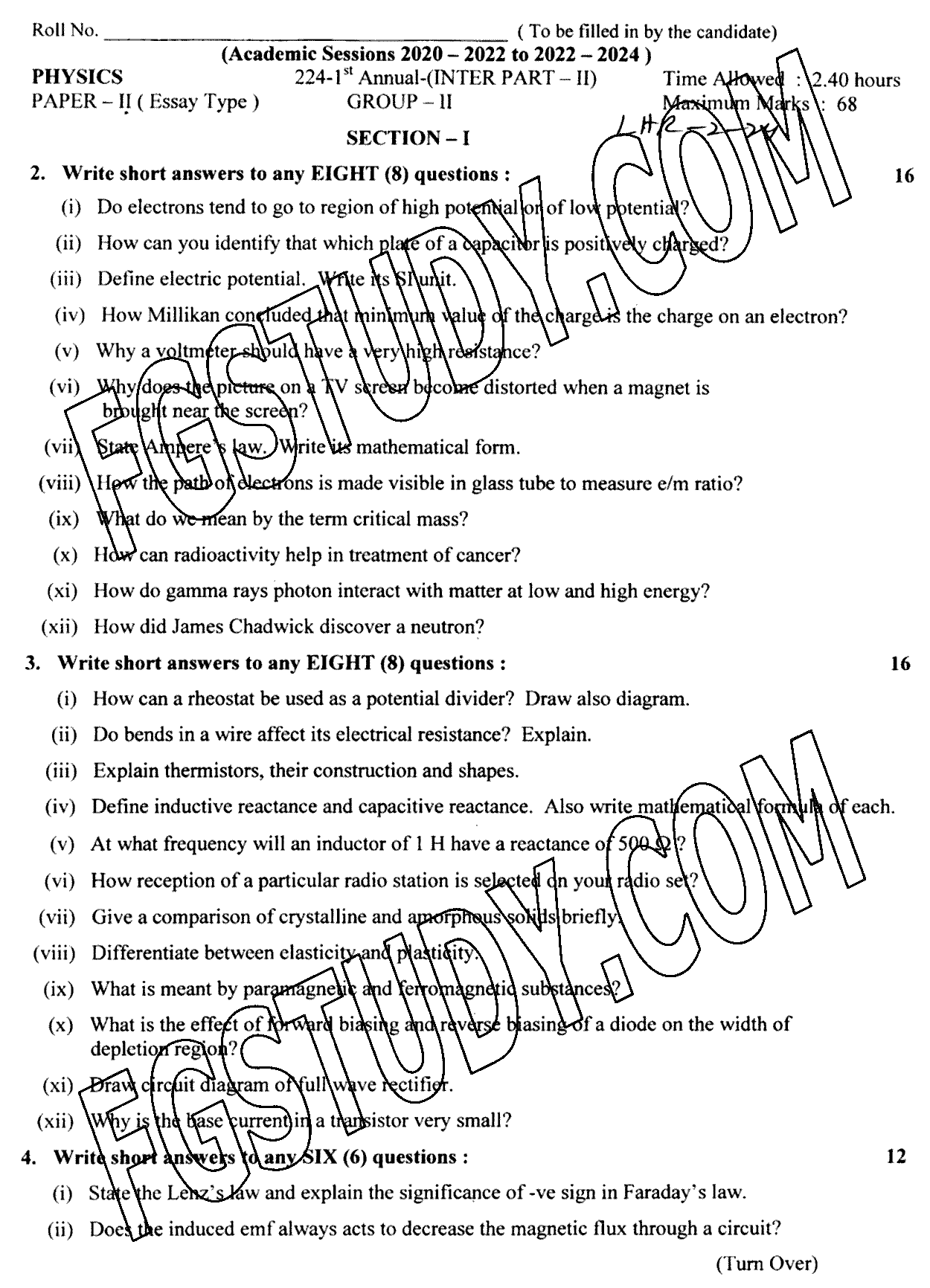 12th Class Physics Past Paper 2024 Lahore Board Group 2 Subjective
