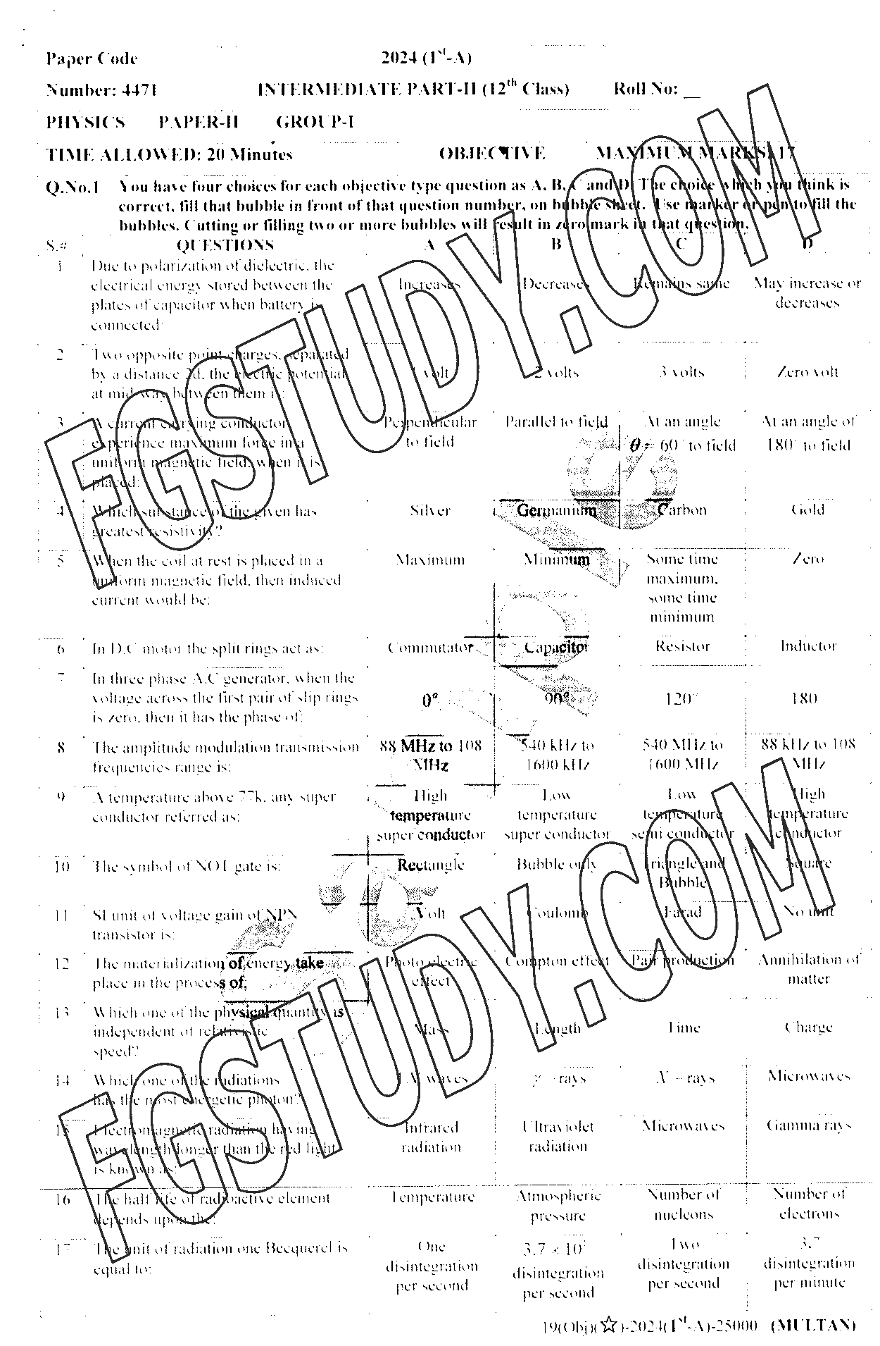 12th Class Physics Past Paper 2024 Multan Board Group 1 Objective