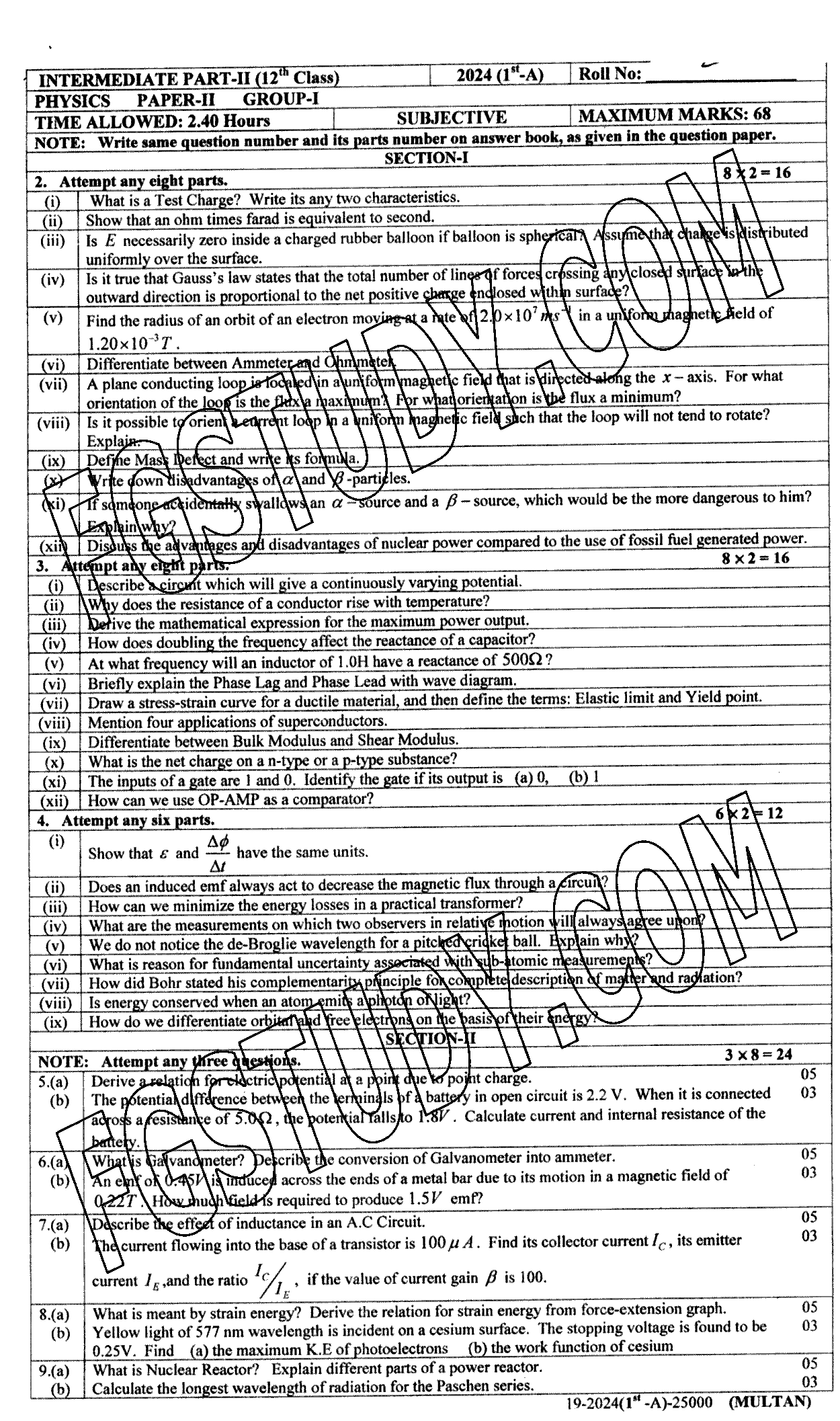 12th Class Physics Past Paper 2024 Multan Board Group 1 Subjective
