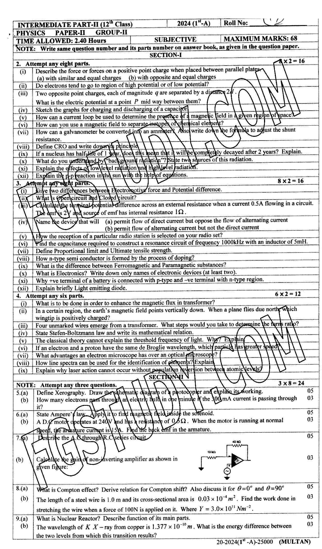 12th Class Physics Past Paper 2024 Multan Board Group 2 Subjective