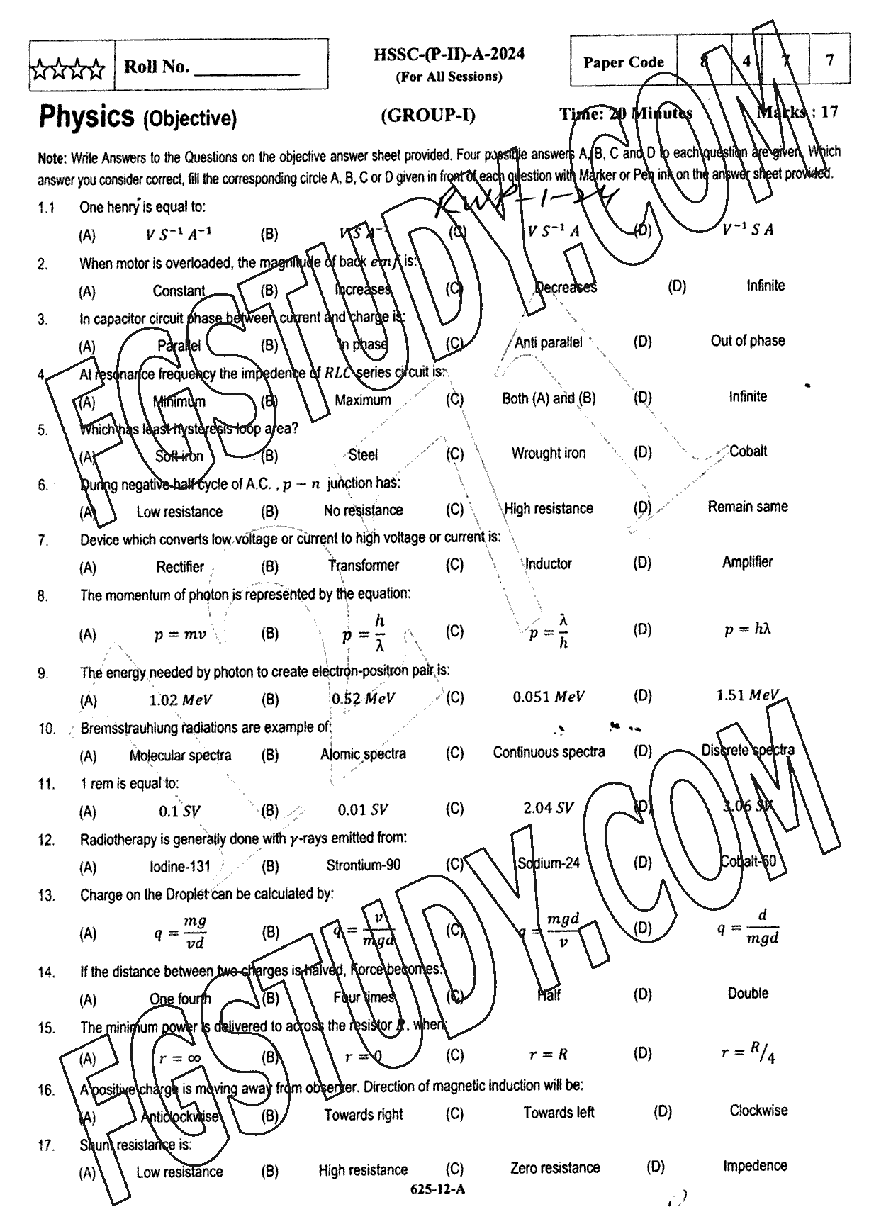 12th Class Physics Past Paper 2024 Rawalpindi Board Group 1 Objective