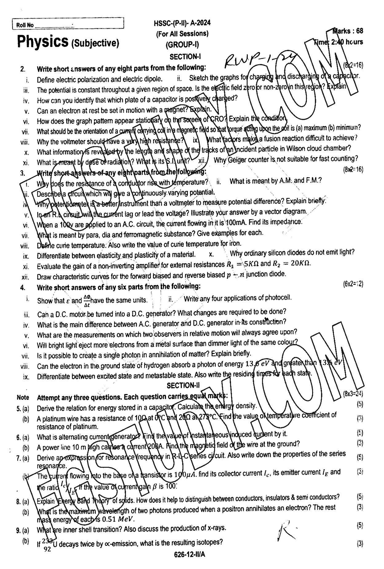 12th Class Physics Past Paper 2024 Rawalpindi Board Group 1 Subjective