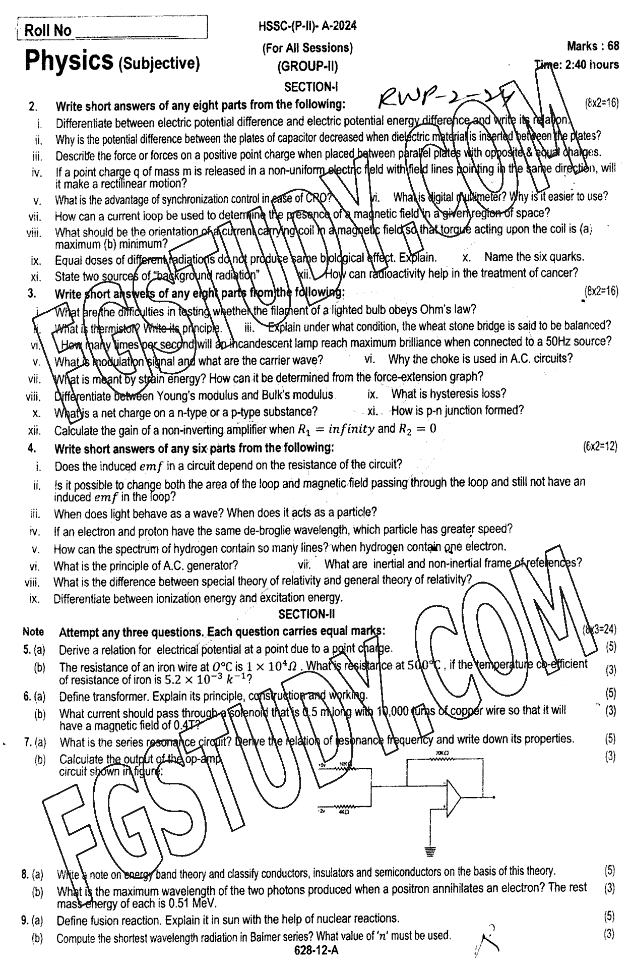 12th Class Physics Past Paper 2024 Rawalpindi Board Group 2 Subjective