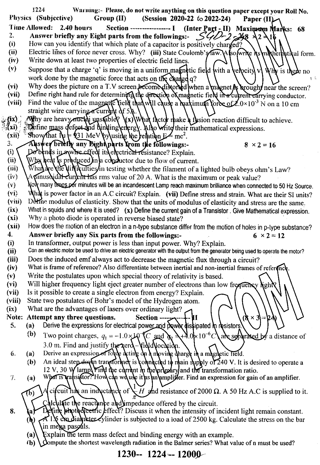 12th Class Physics Past Paper 2024 Sargodha Board Group 2 Subjective