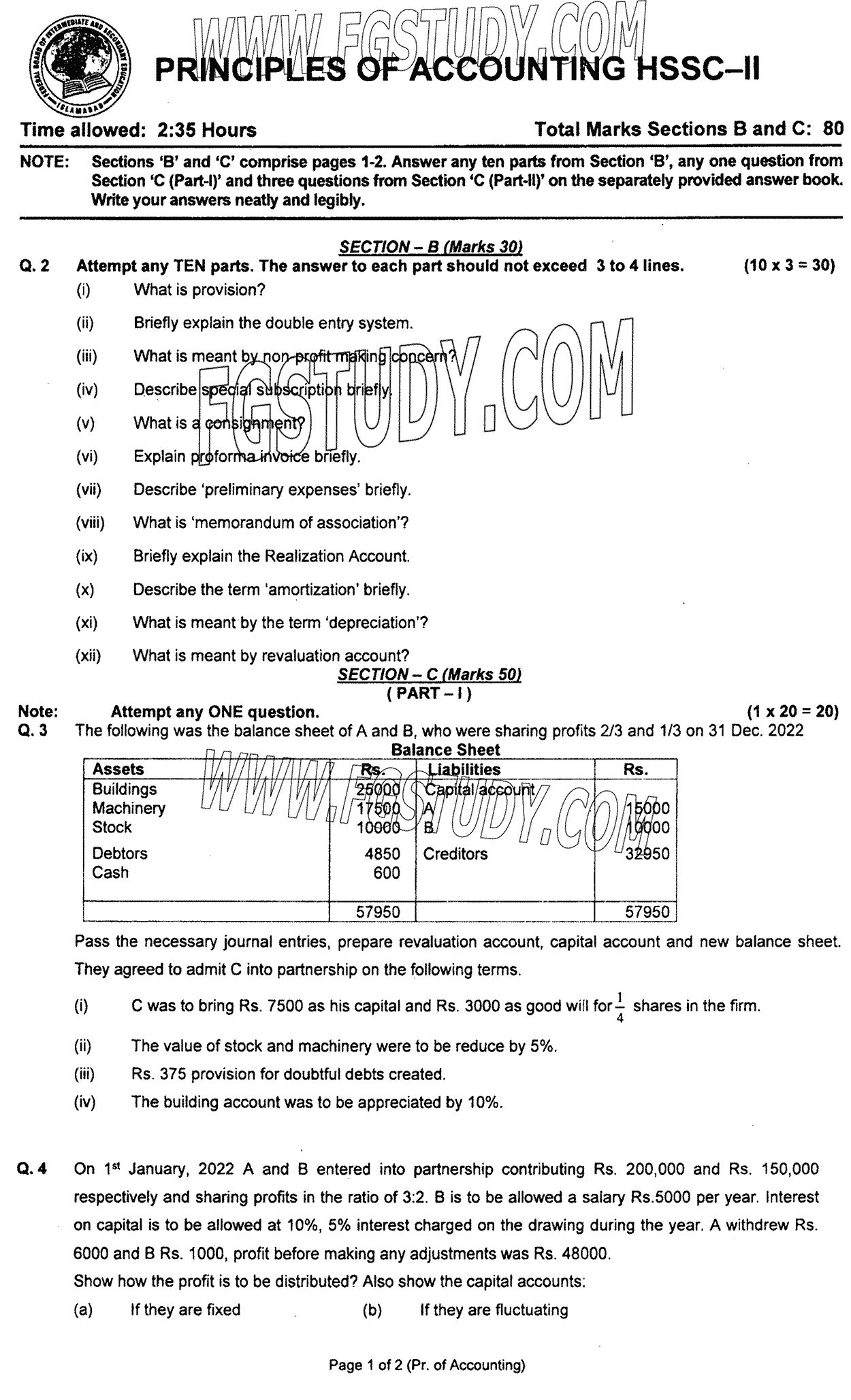 12th Class Principles Of Accounting Past Paper 2023 Federal Board Islamabad Subjective