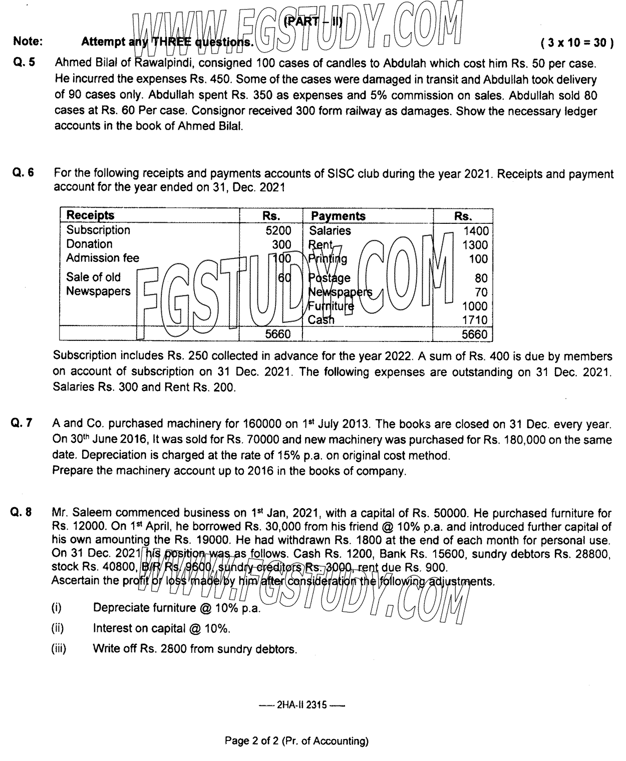 12th Class Principles Of Accounting Past Paper 2023 Federal Board Islamabad Subjective
