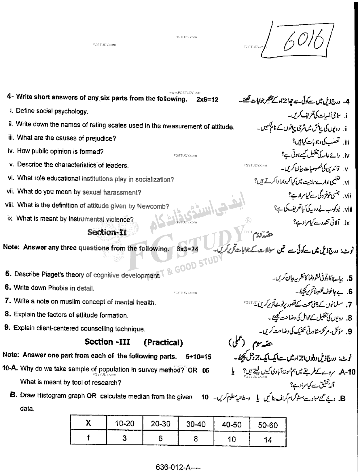 12th Class Psychology Past Paper 2015 Rawalpindi Board Subjective