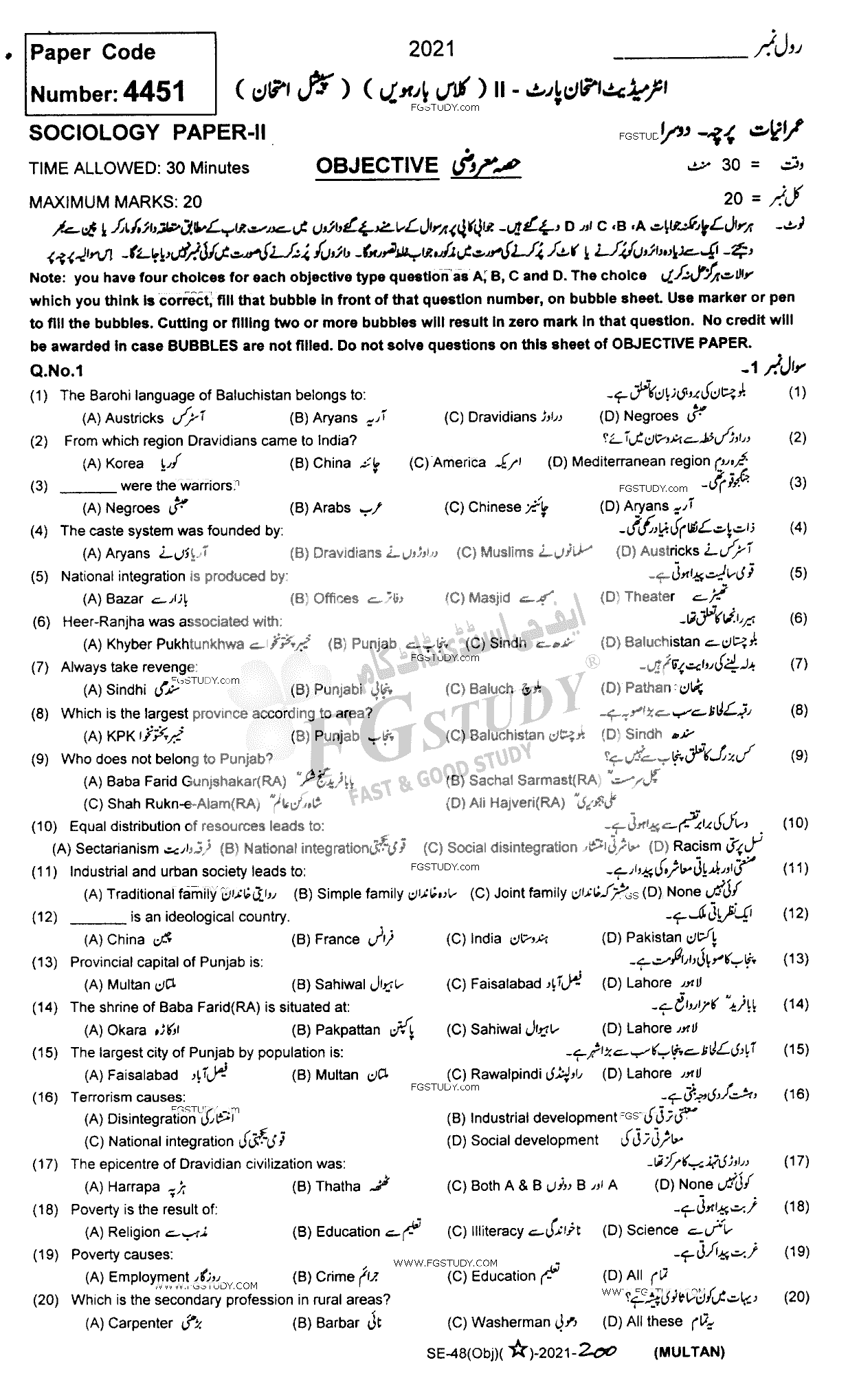 12th Class Sociology Past Paper 2021 Multan Board Objective