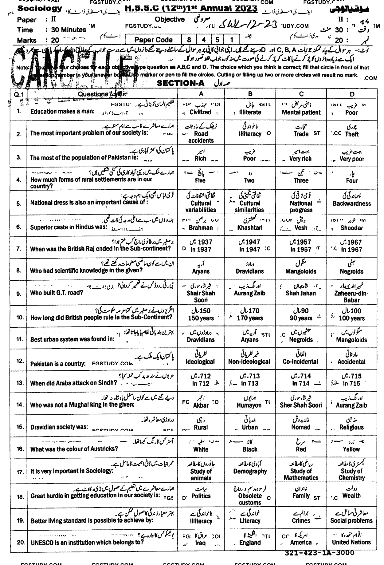 12th Class Sociology Past Paper 2023 Sahiwal Board Objective
