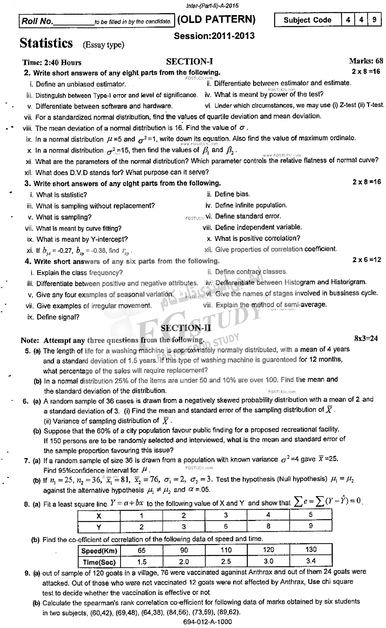 12th Class Statistics Past Paper 2015 Rawalpindi Board Subjective