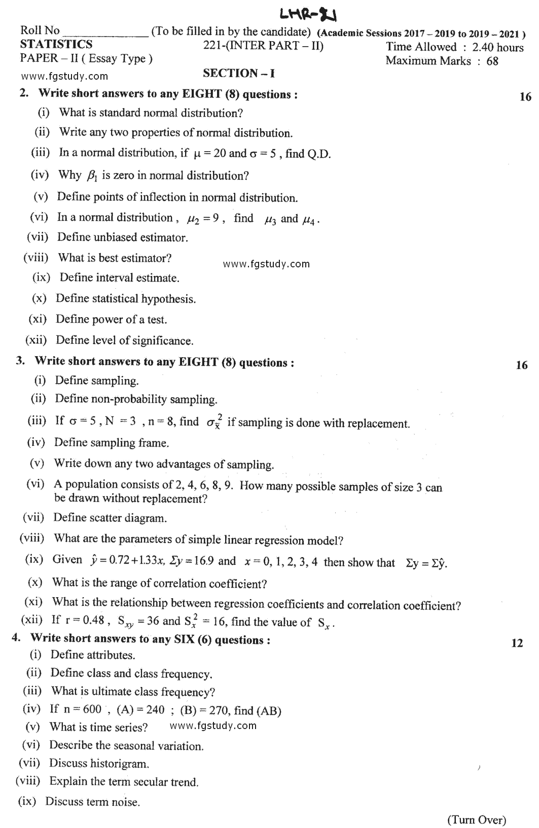 12th Class Statistics Past Paper 2021 Lahore Board Subjective